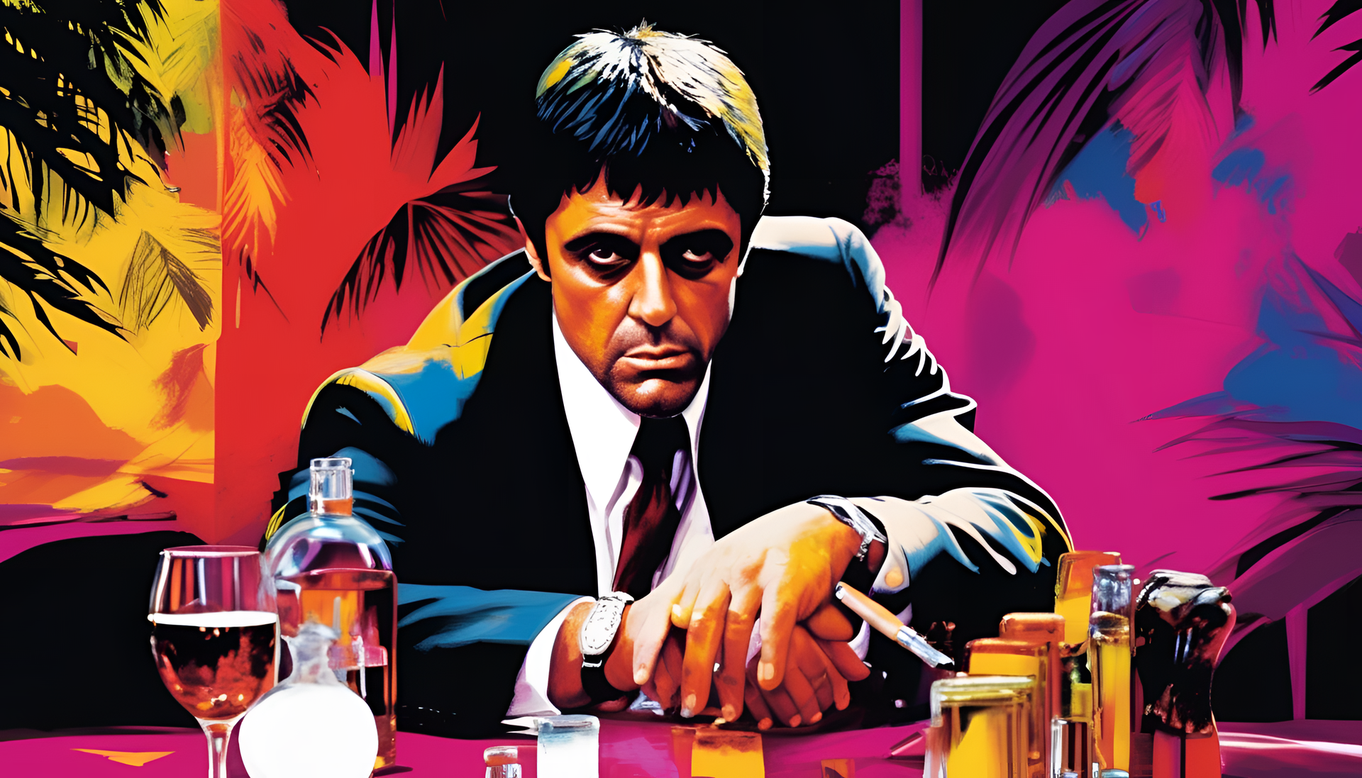 Vibrant artwork of Scarface, featuring vivid colors, capturing the essence of the iconic character.