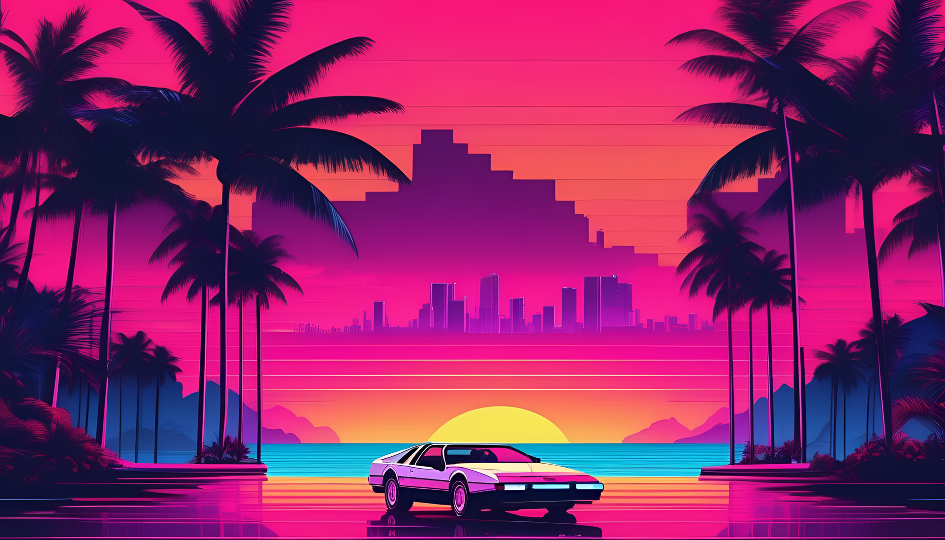 Glamorous 80s Miami skyline at night with neon lights and palm trees.