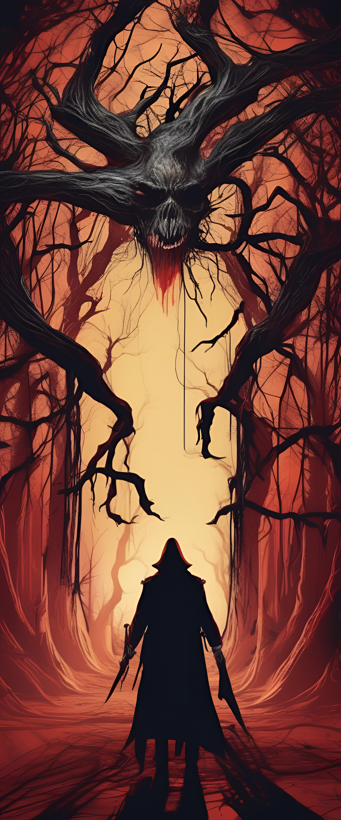 Dark and eerie phone wallpaper with a stylized representation of scary images.