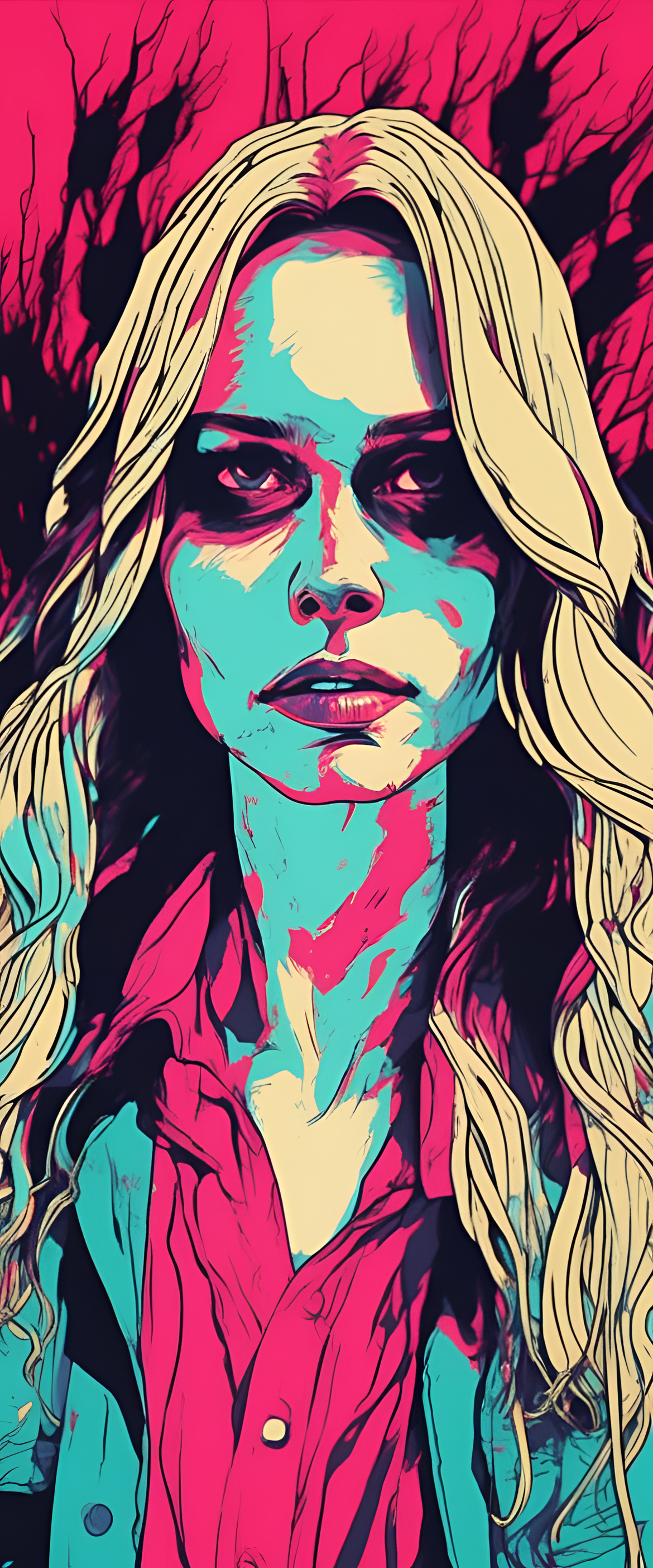 Vibrant and eerie rotoscope animation-style wallpaper with scary elements.