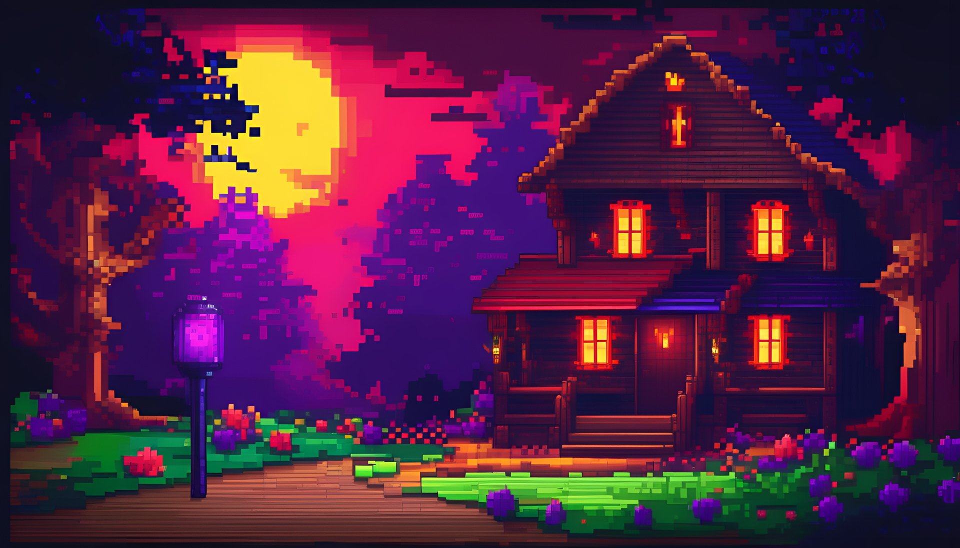 Vibrant pixel art depicts a spooky scene with vivid colors.