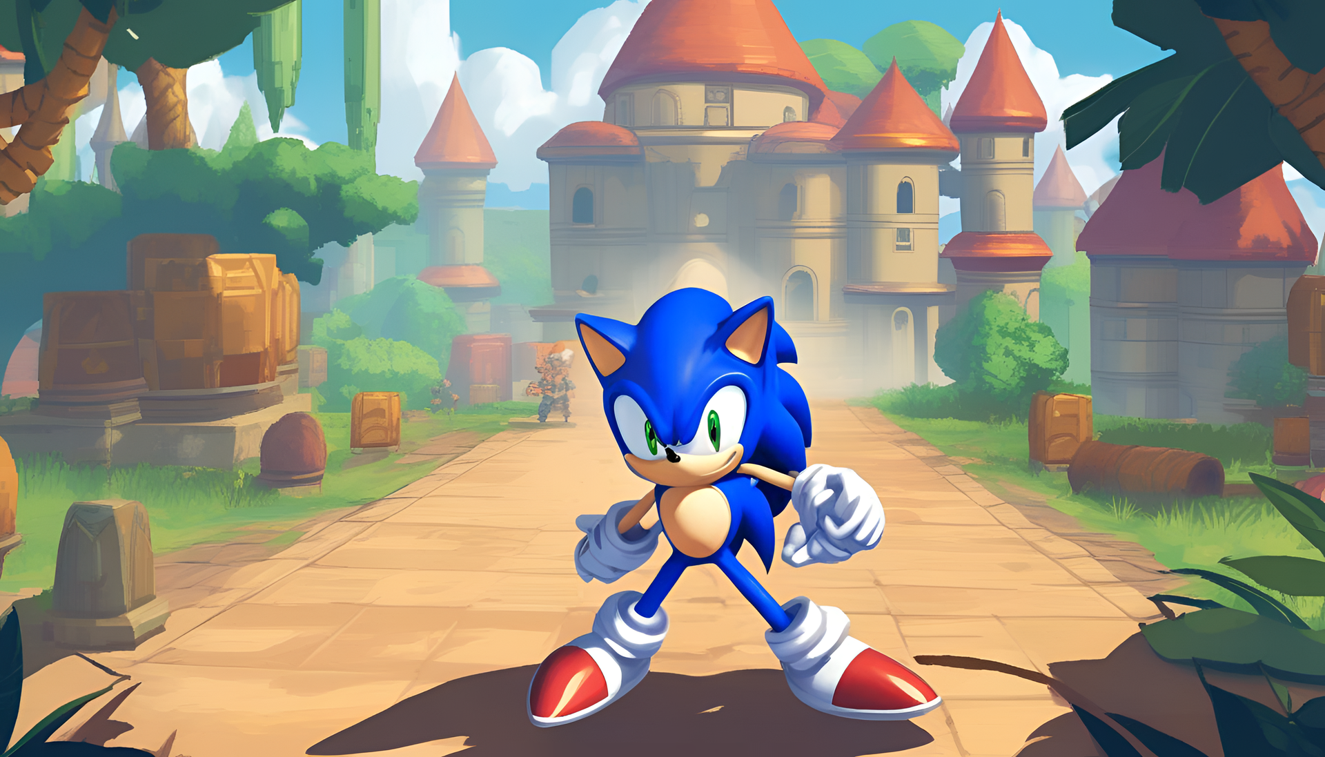 Colorful landscape featuring Sonic, inspired by an RPG game.