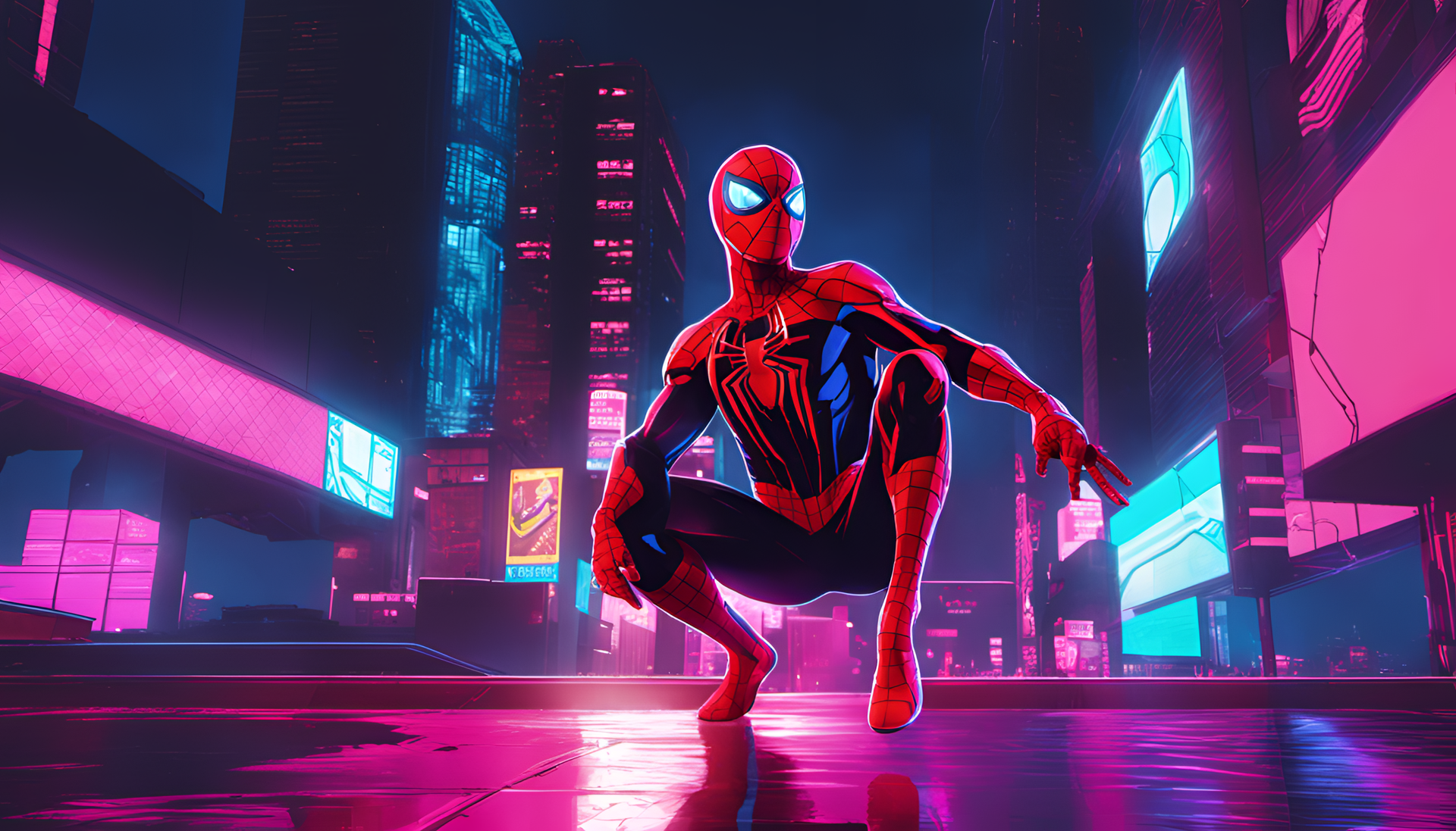 Retrowave Spiderman in cinematic lighting.