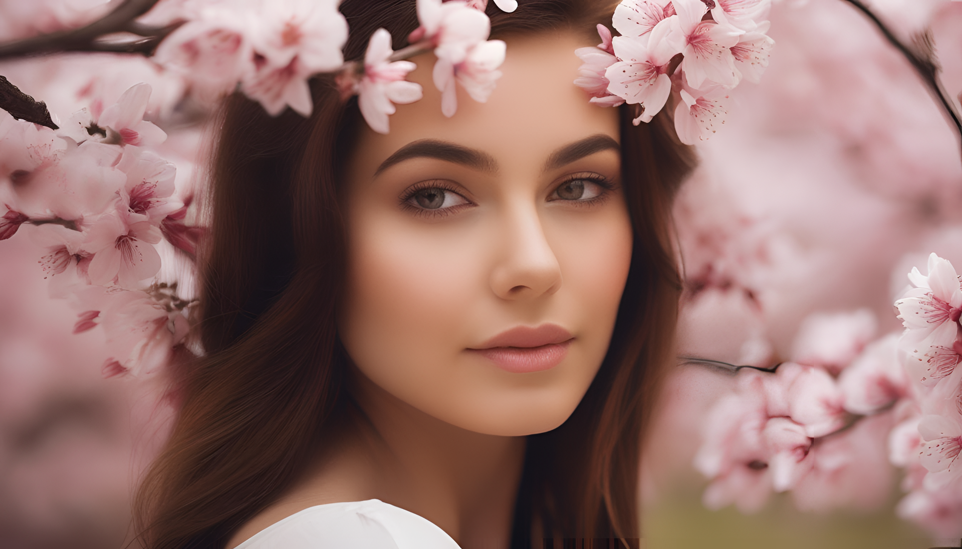 Close-up of vibrant spring blossoms in a headshot portrait.