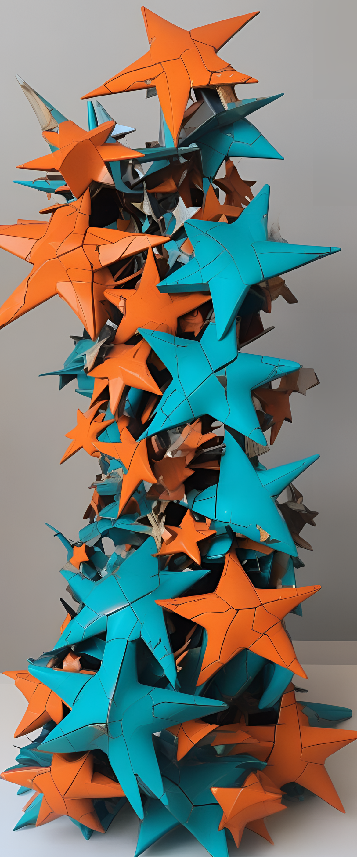 Abstract robotic sculpture with cracked turquoise and orange stars.