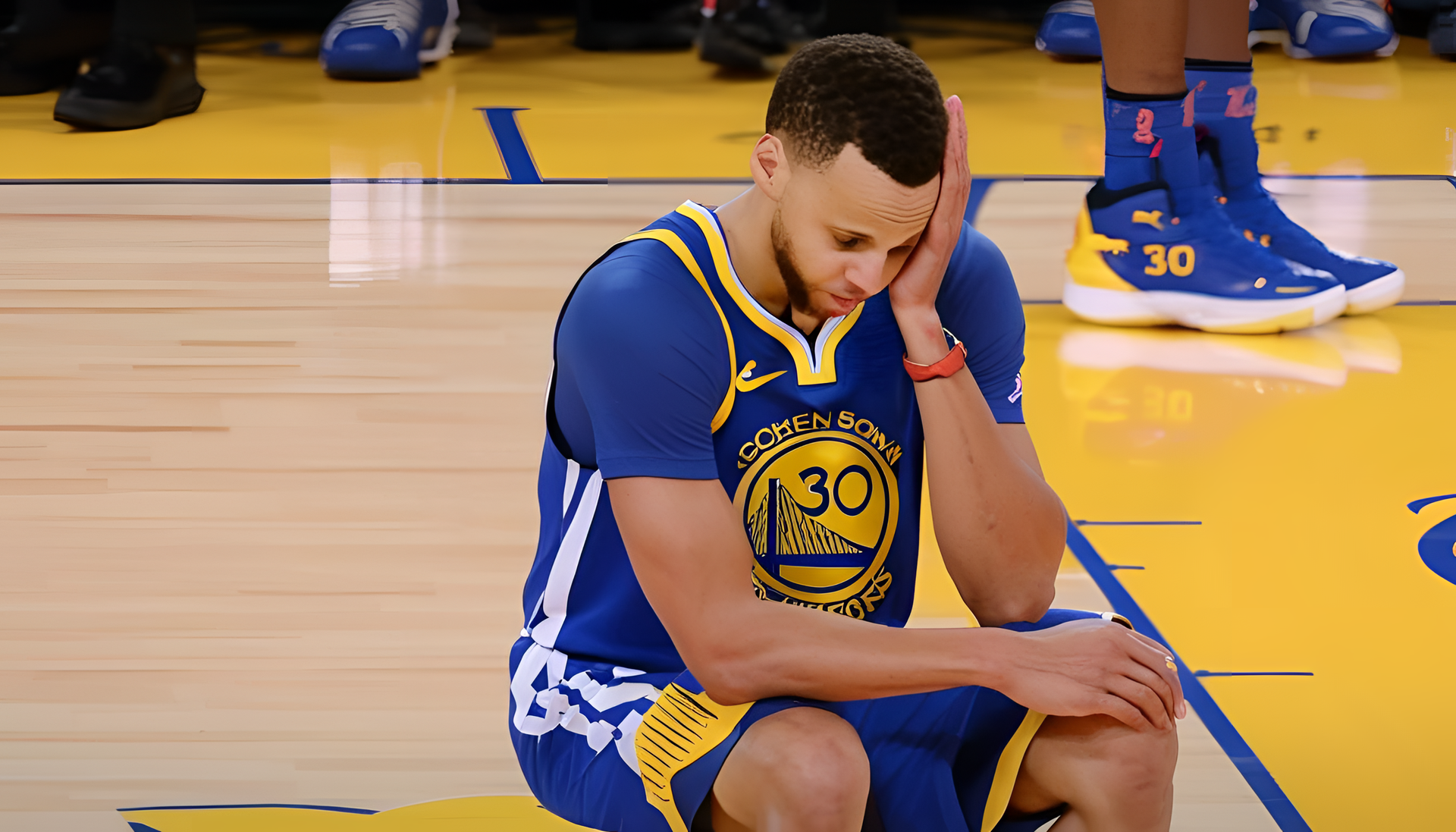 Stephen Curry wearing a thoughtful expression, radiating a sense of melancholy.