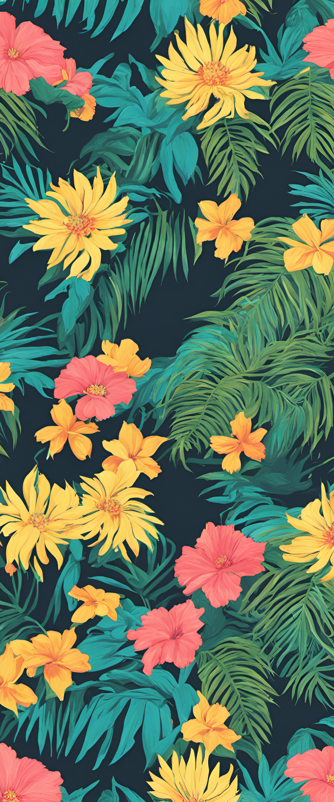 Colorful 1980s summer wallpaper with palm trees, sun, and retro vibe.