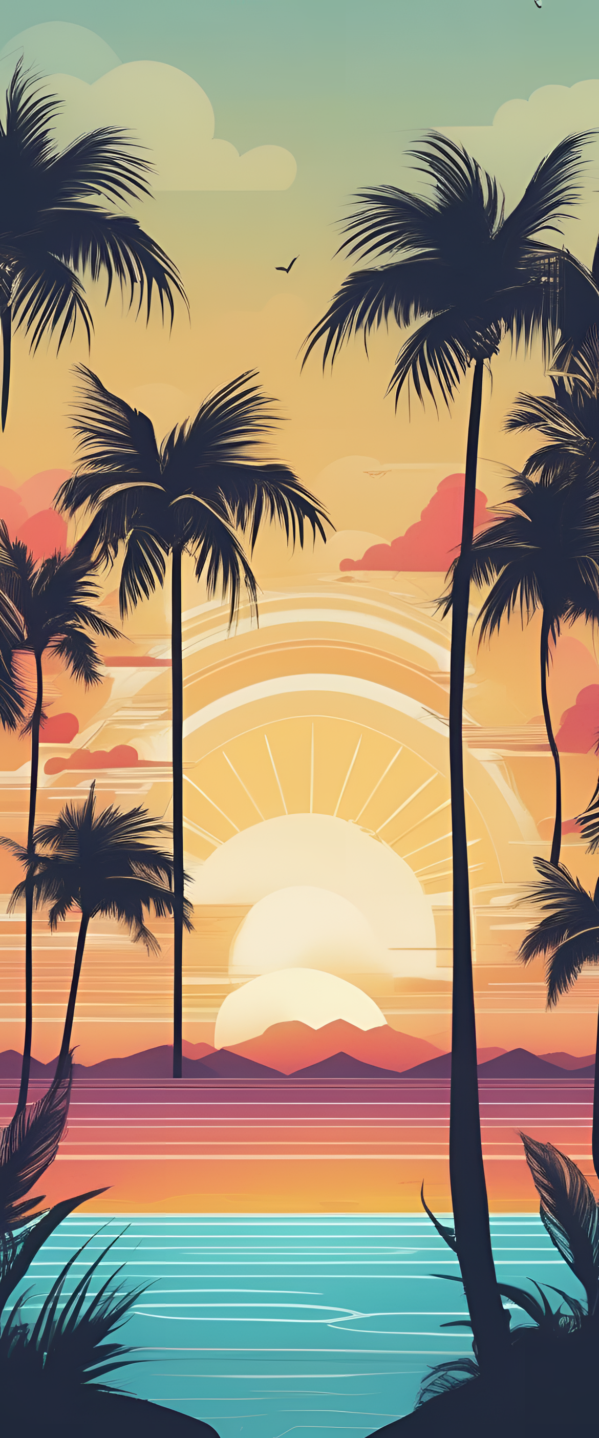 Vibrant summer-themed phone wallpaper with sunny palm trees and a golden beach.