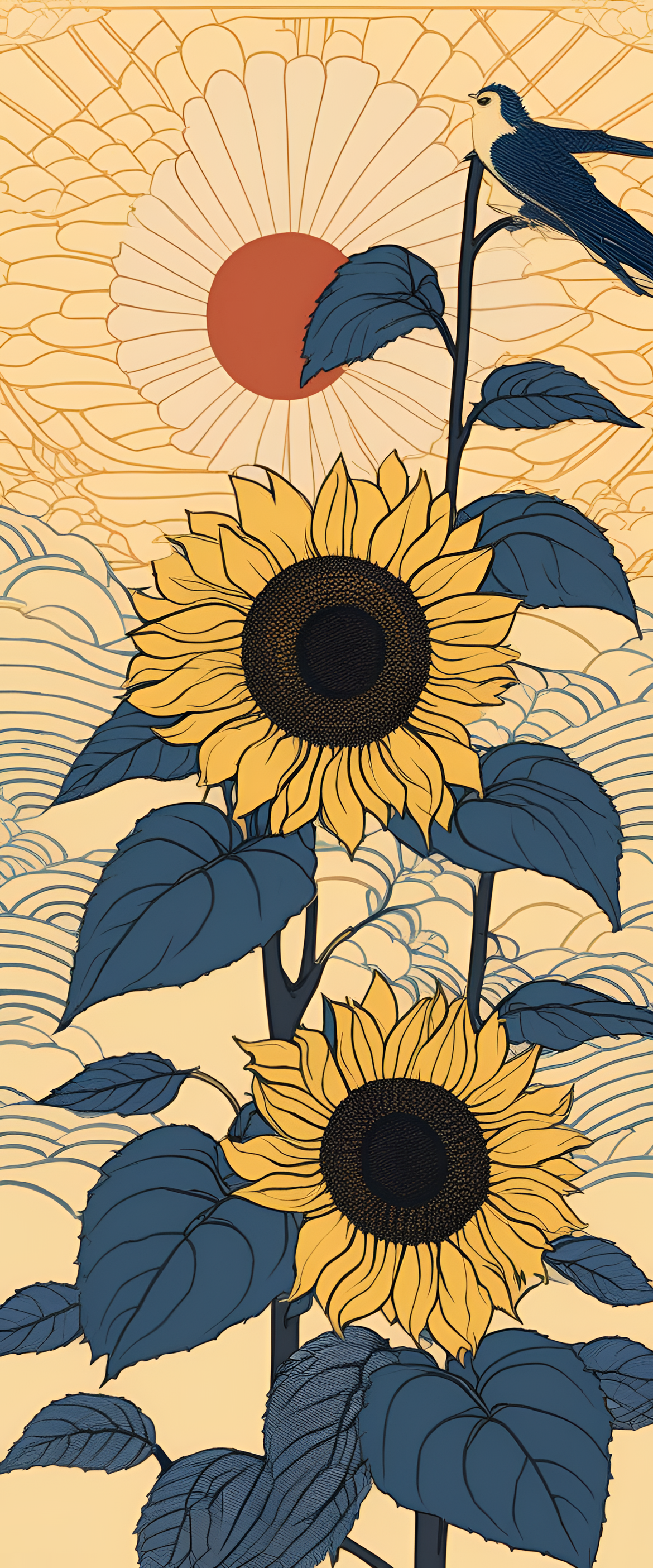 Vibrant sunflower artwork in Ukiyo-e style