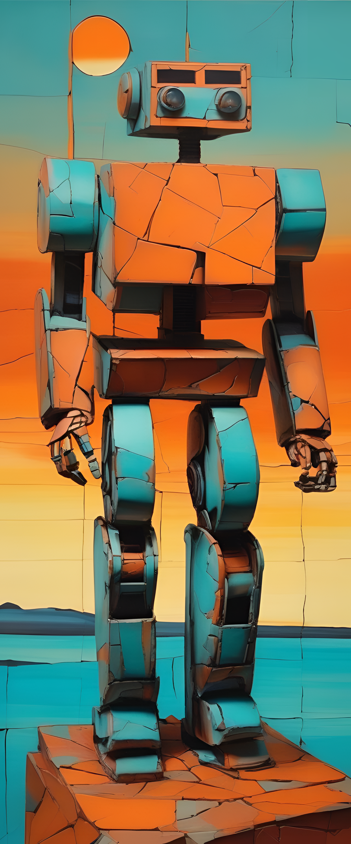 Abstract sunset-inspired robotic sculpture with cracked, deconstructive turquoise and orange elements.