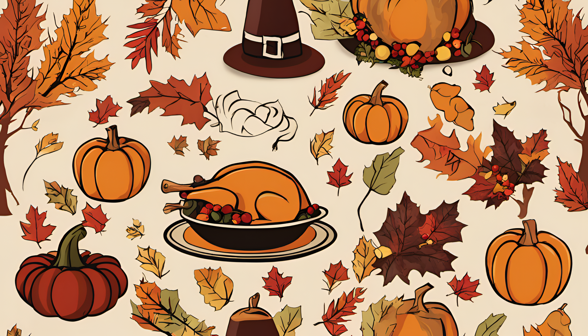 Thanksgiving-themed wallpaper with stylized autumn leaves and pumpkins.