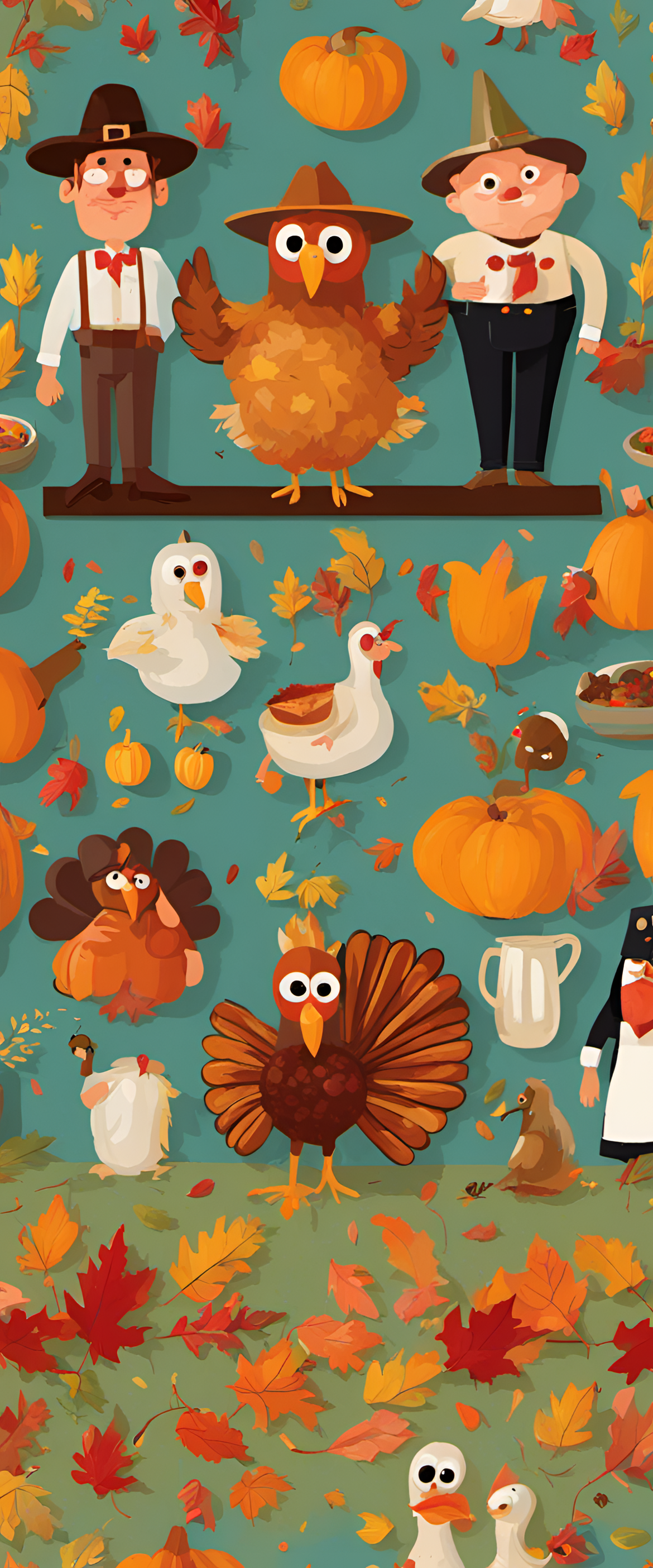 Vibrant Thanksgiving illustration featuring Pixar-style naive art.