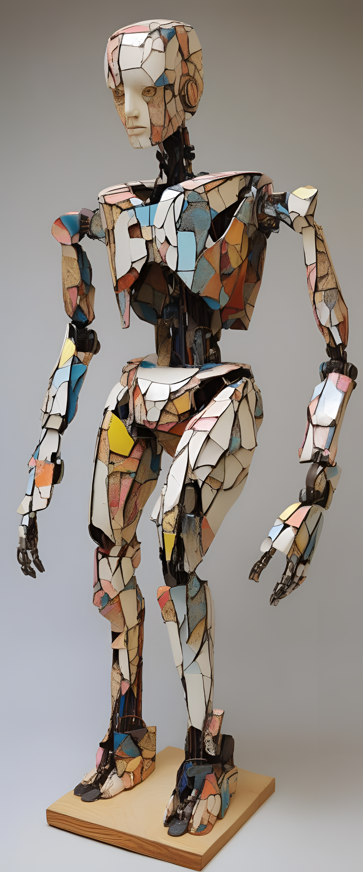 Abstract robotic sculpture with cracked and deconstructive elements, evoking a trippy aesthetic.