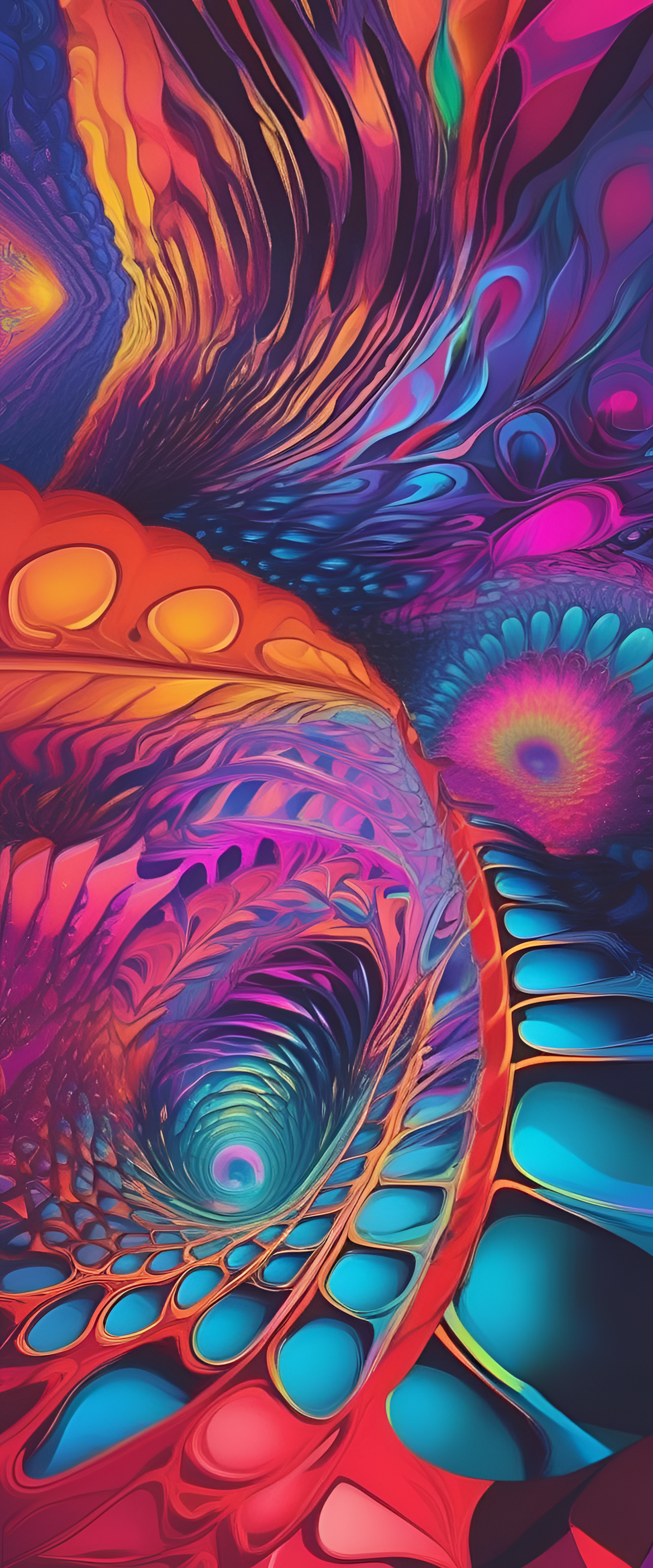 Abstract neon swirls against a black background create a vibrant and trippy phone wallpaper.