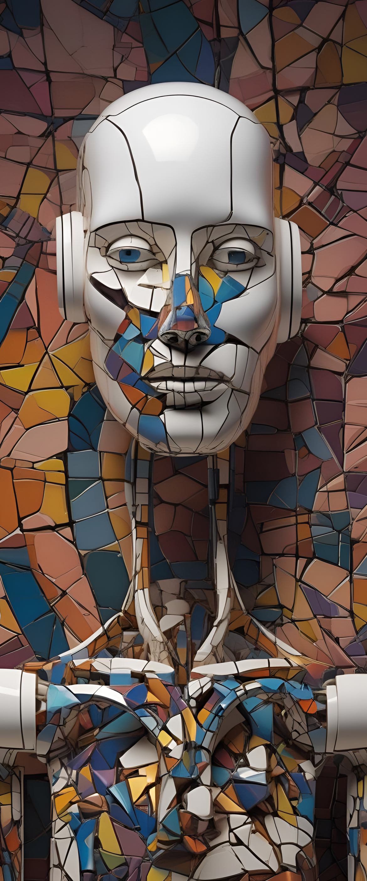 Abstract design featuring a robotic sculpture with deconstructive elements, surrounded by cracks and vibrant colors.