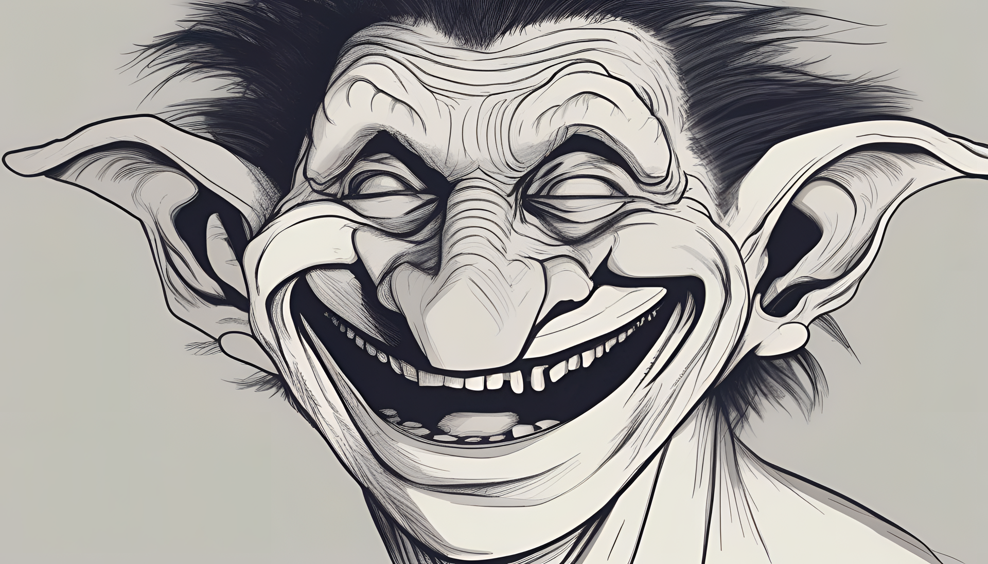 Meme symbol of a face with a big grin, crazy eyes, and exaggerated eyebrows, known as the troll face.