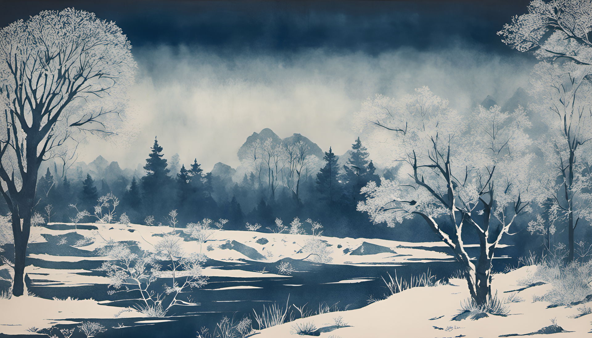 Winter landscape with a cyan tint, featuring trees, snow, and a peaceful ambiance.