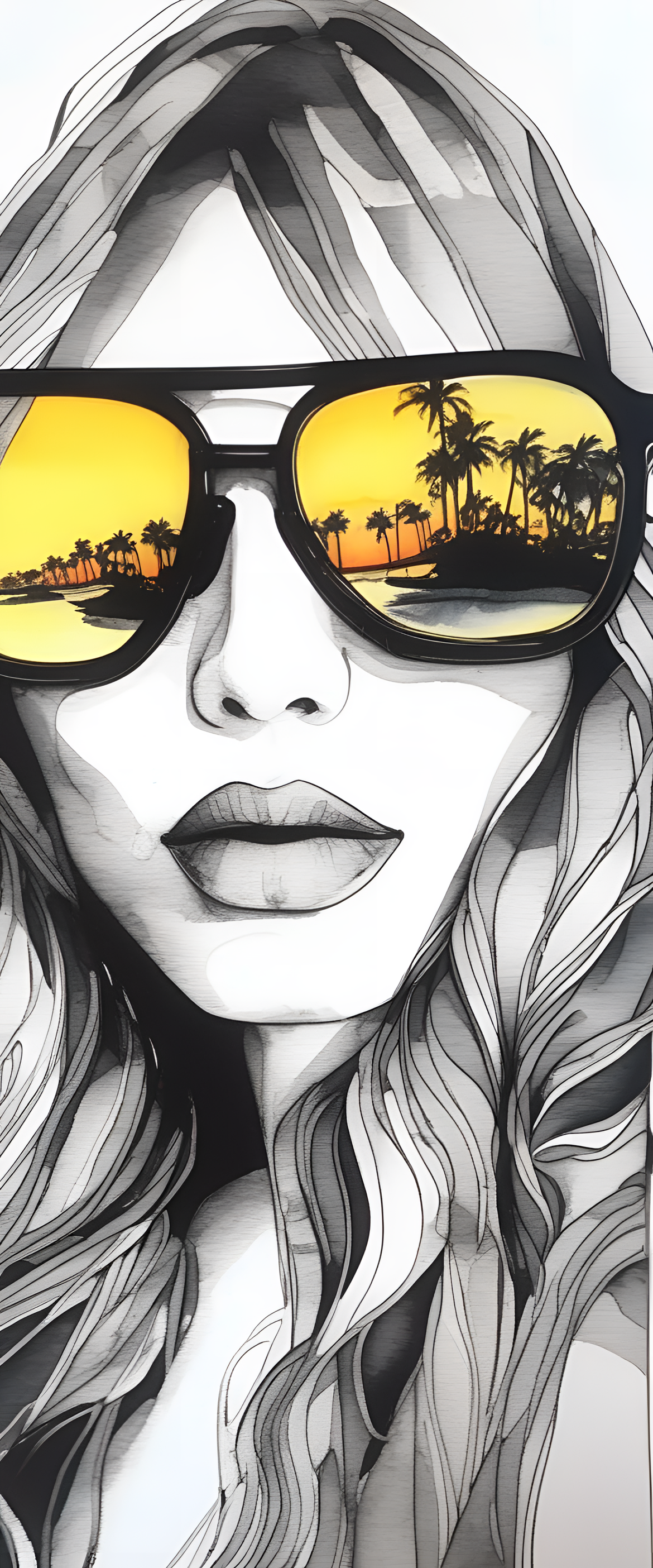 Abstract watercolor artwork with ink pen outline depicting sunglasses in black shades.