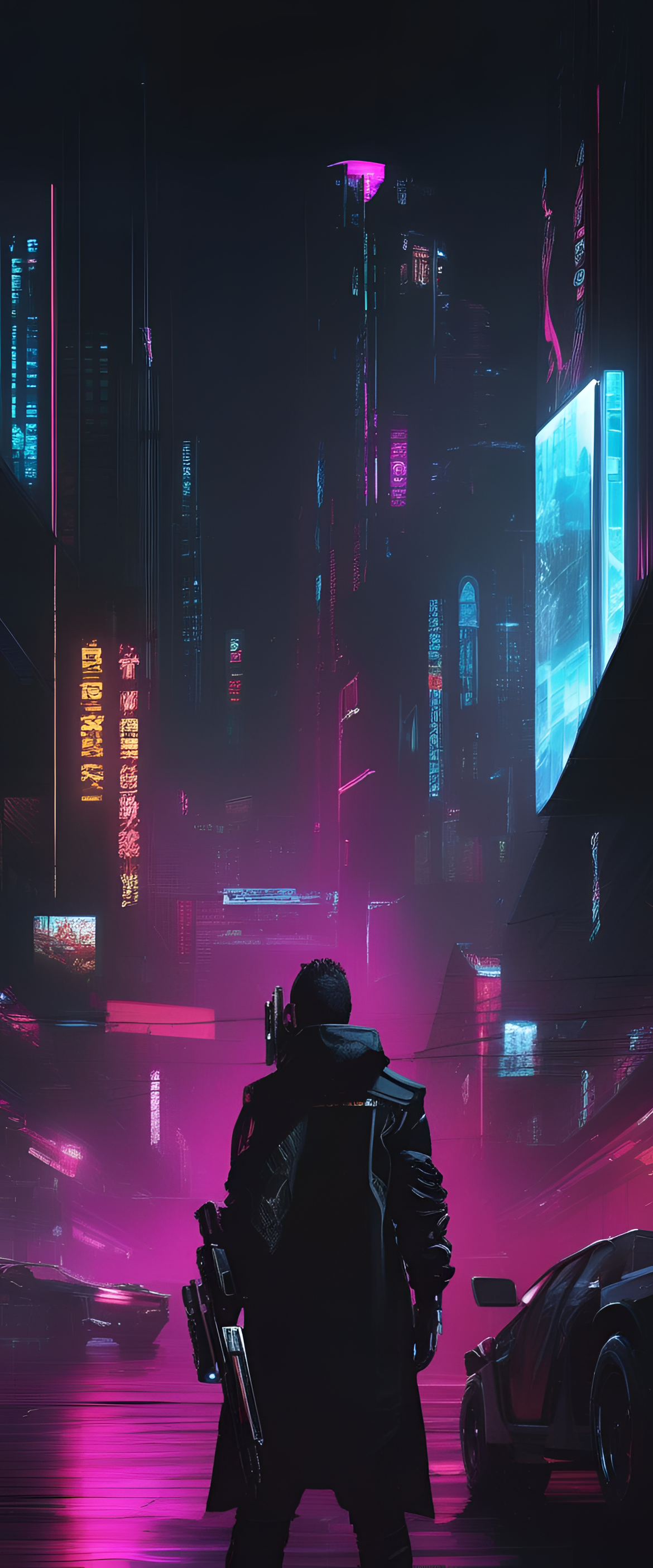 Abstract black cyberpunk wallpaper with futuristic neon lights and geometric shapes.