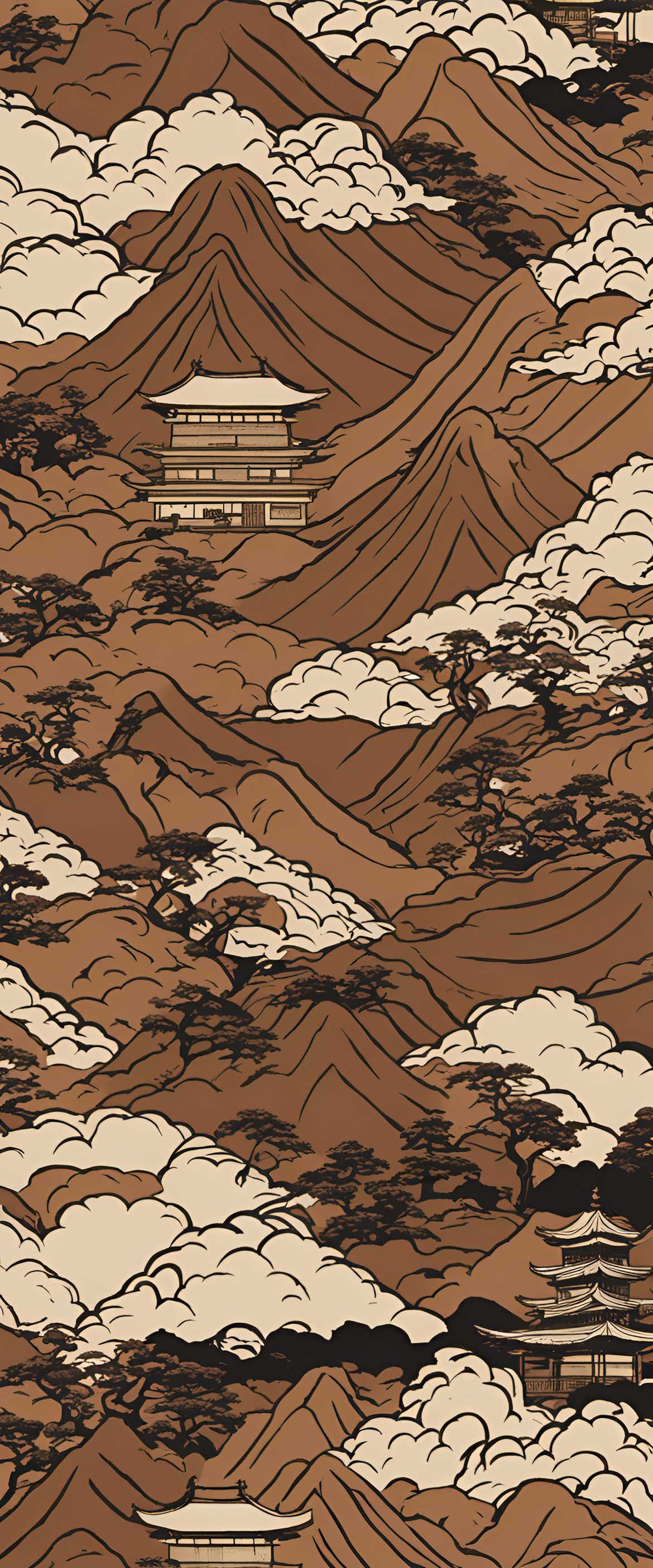 Brown Ukiyo-e wallpaper with intricate patterns