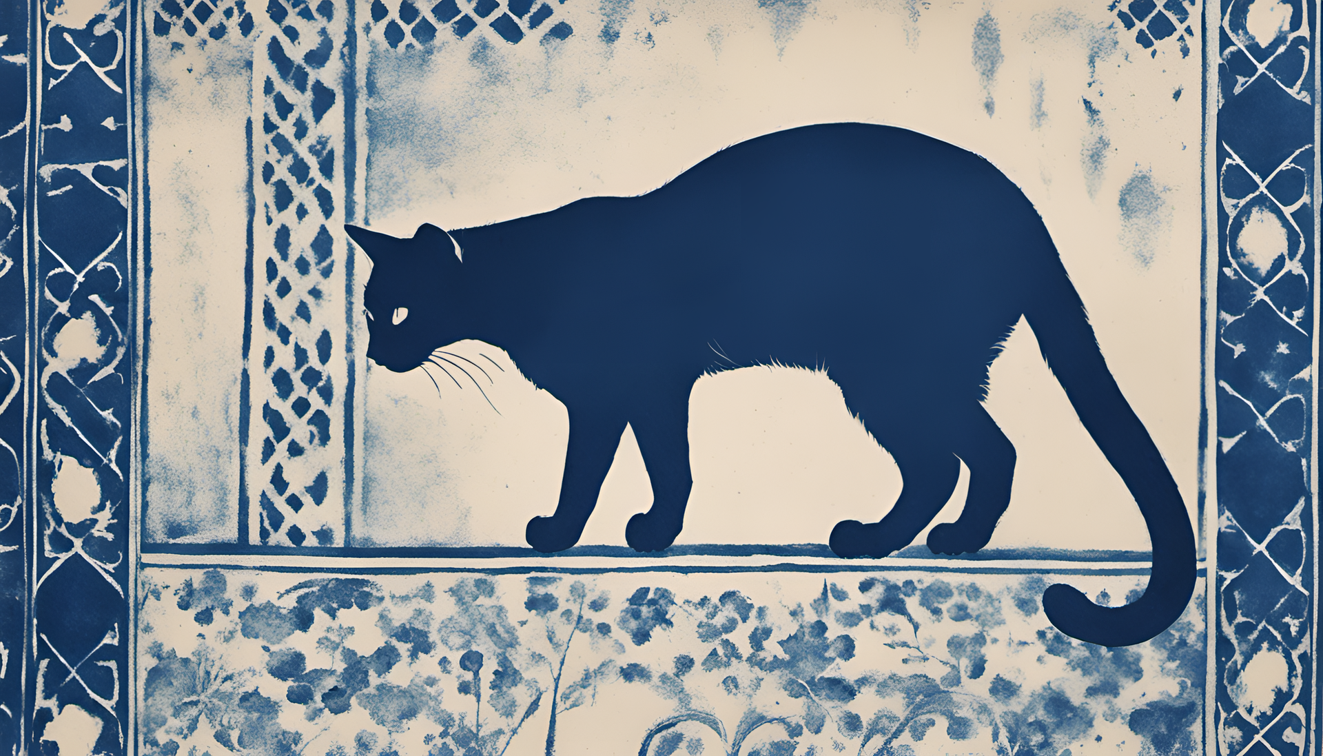 Cyanotype print of a sharp-focused cat on a desktop wallpaper.