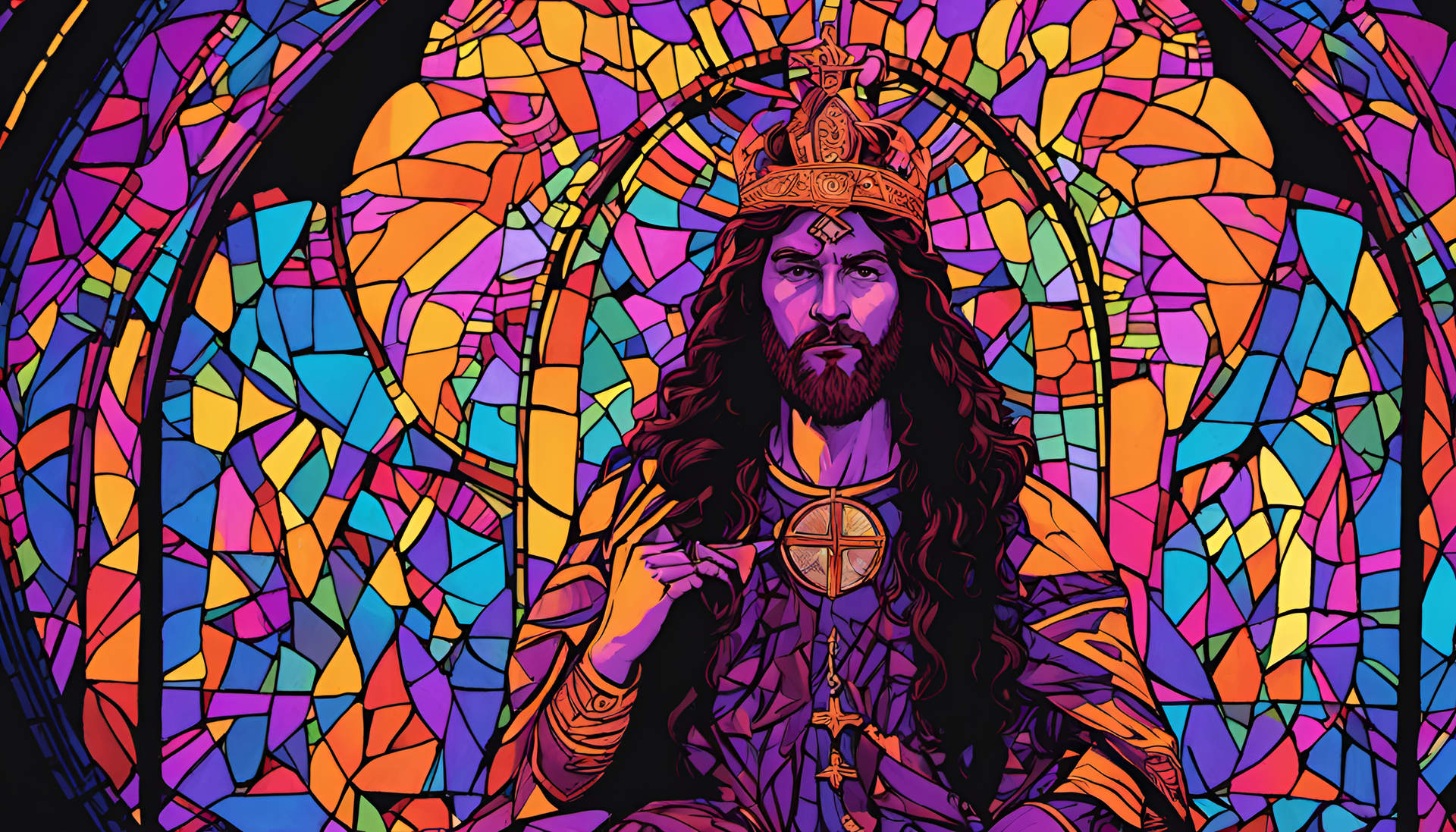 Vibrant silhouette of a Christian figure under colorful, glowing light.