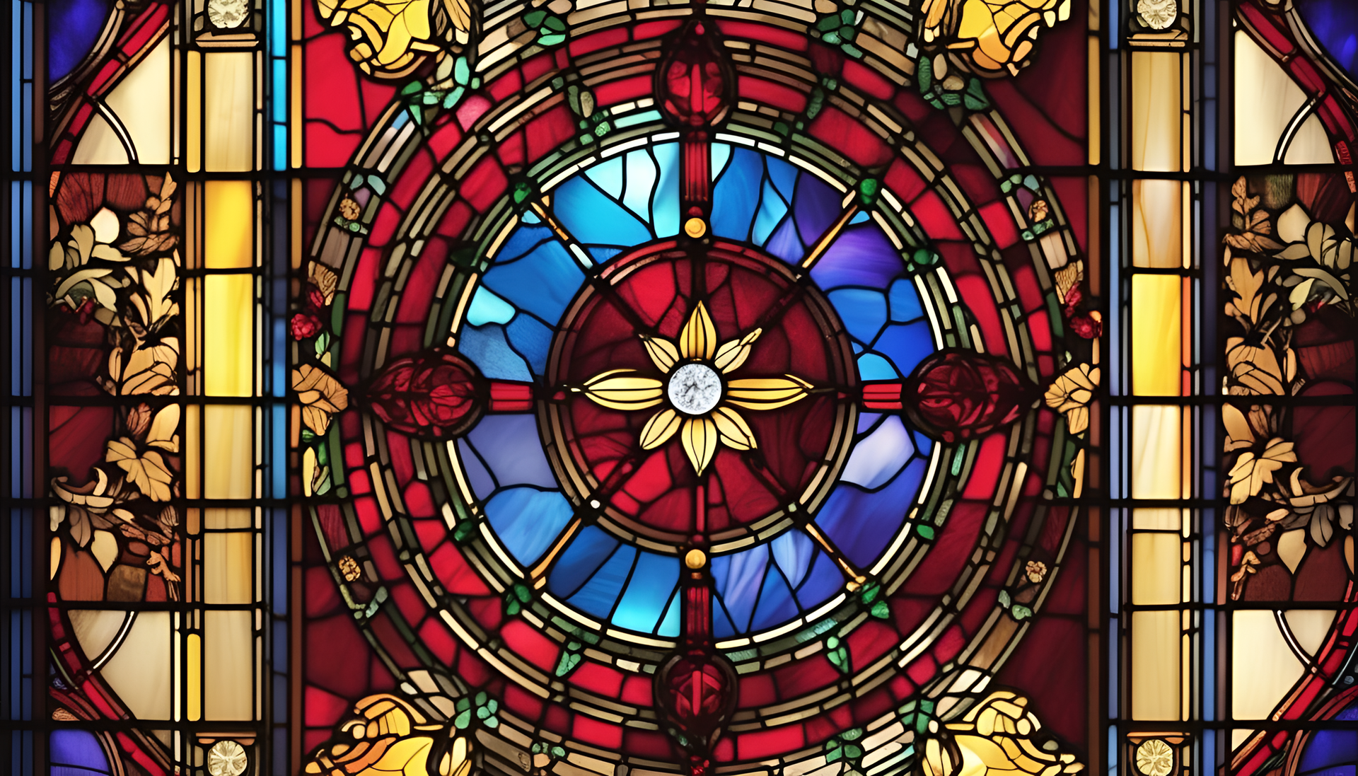 Christmas-inspired stained glass design with vibrant colors and intricate patterns.