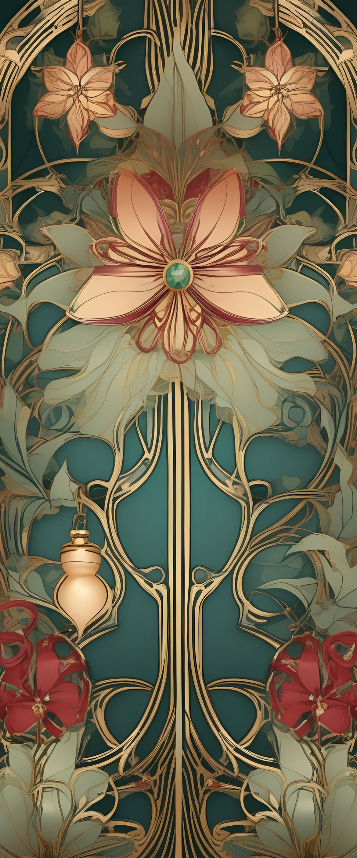 Festive Art Nouveau Christmas wallpaper with intricate patterns and holiday motifs.