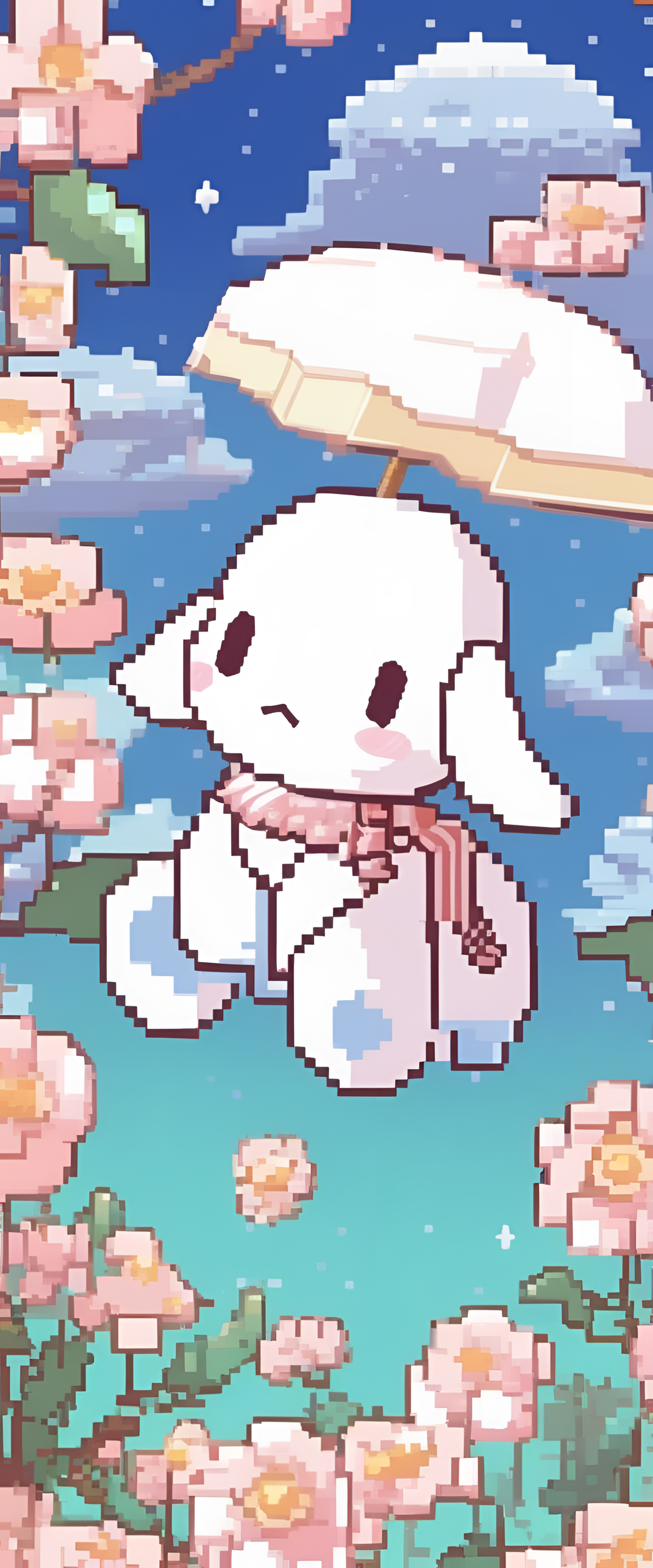 Cinnamoroll character in pixel art style on phone wallpaper.