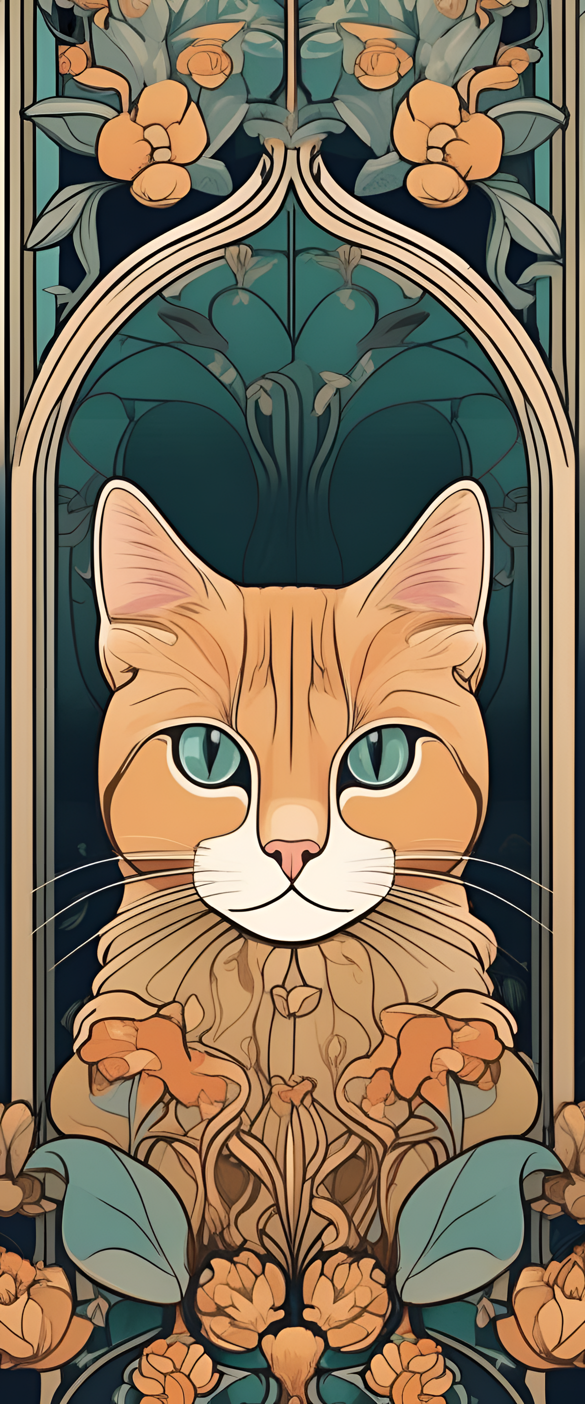 Art Nouveau-inspired cute cat wallpaper.