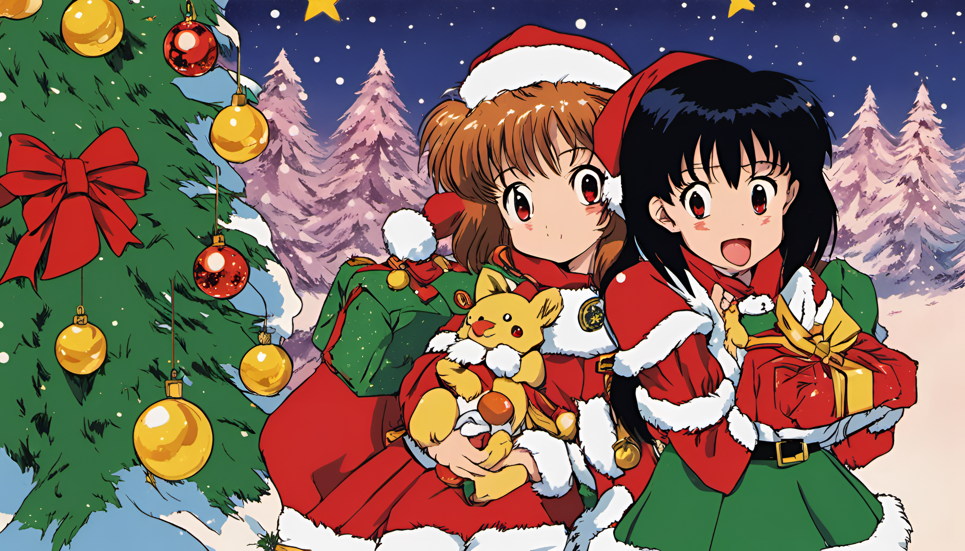 Festive anime characters celebrating Christmas cheer.