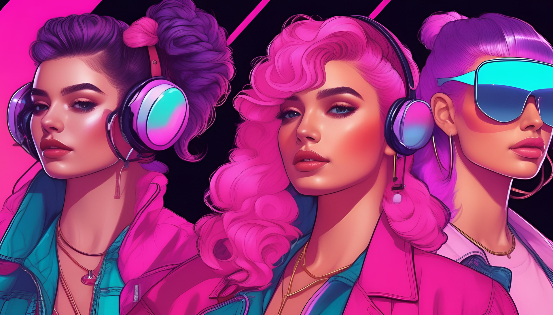 Vibrant retrowave-inspired cute hairstyles.