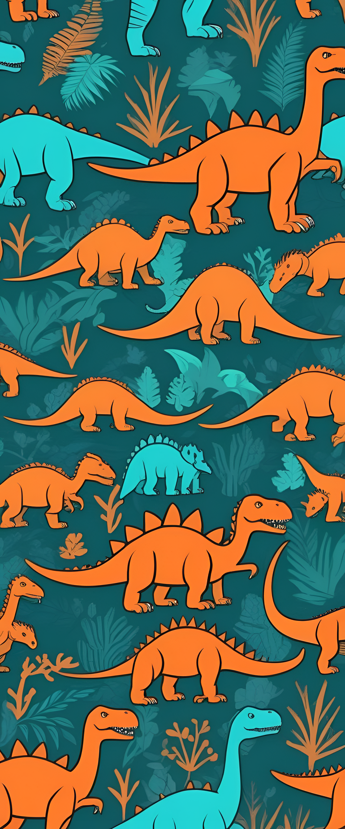 Colorful dinosaur wallpaper with turquoise and orange hues.