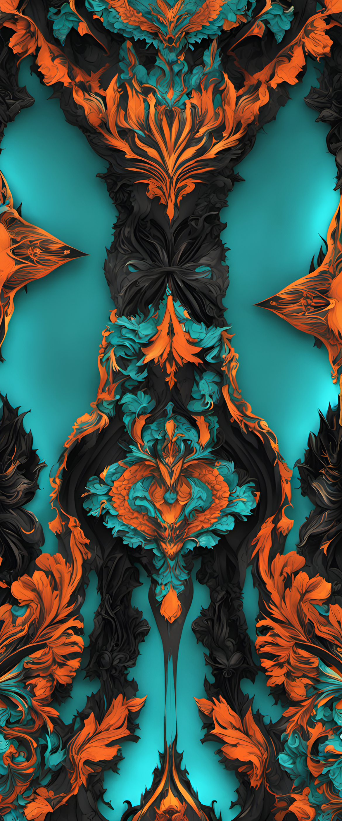 Turquoise and orange abstract design on black background.