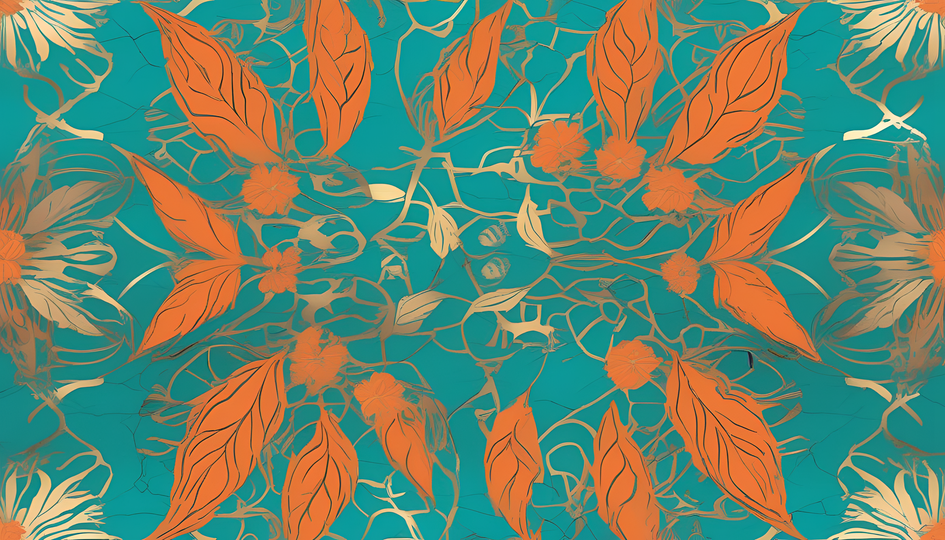 Glowing abstract pattern in turquoise and orange colors on a gold background.