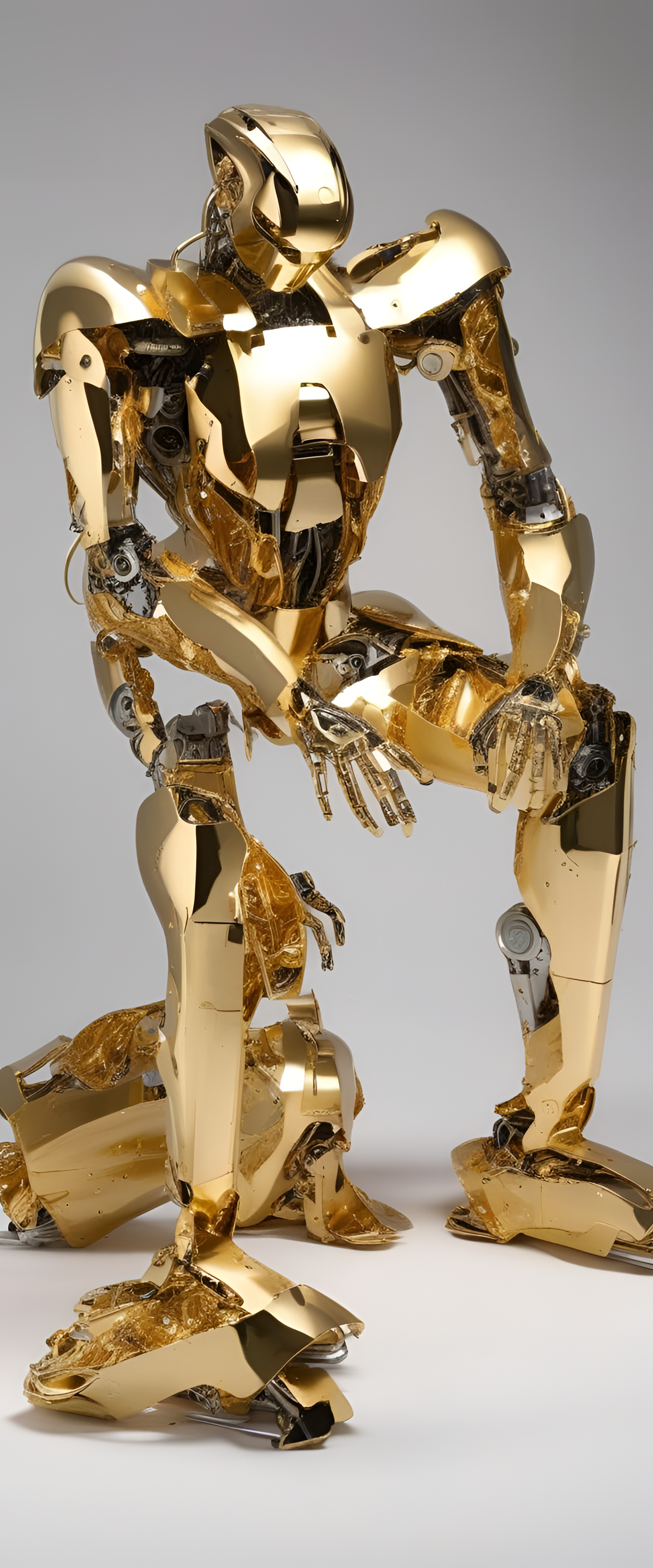 Abstract golden sculpture with cracked surface resembling robotic forms.