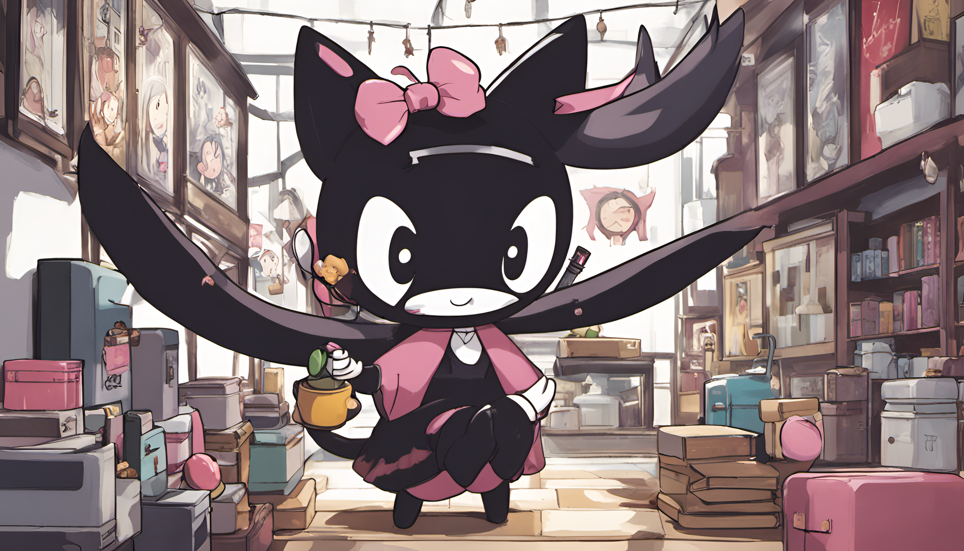 Kuromi, a cute and edgy character, in a vibrant and artistic desktop wallpaper.