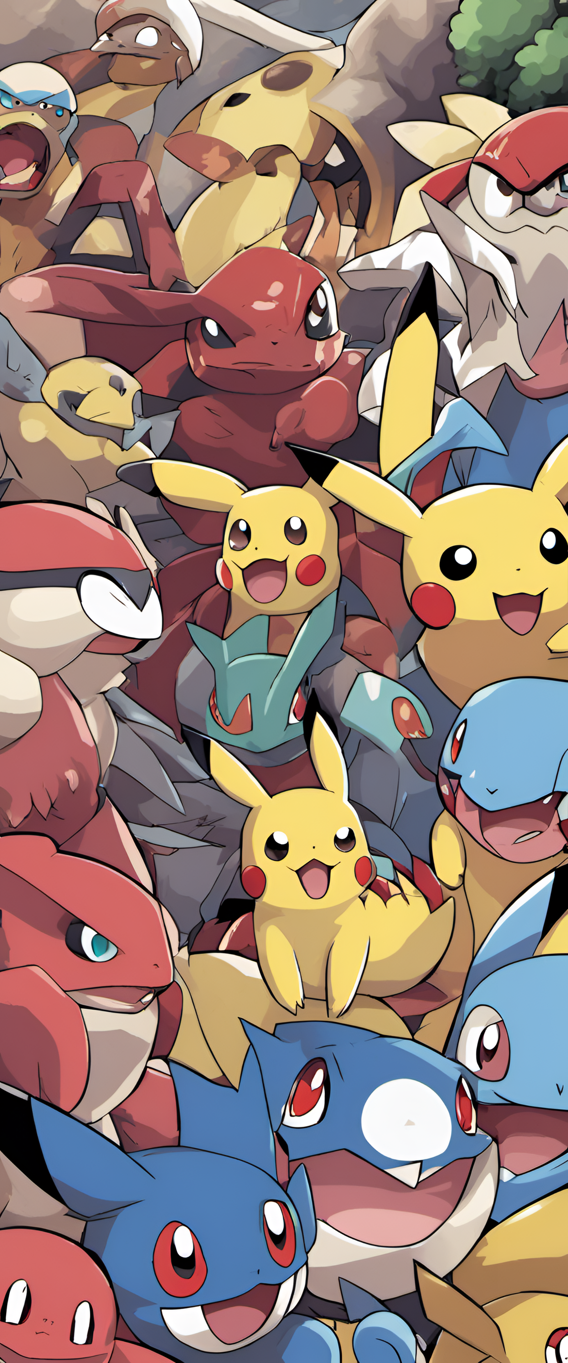 Colorful pokemon characters in a lively wallpaper pattern.