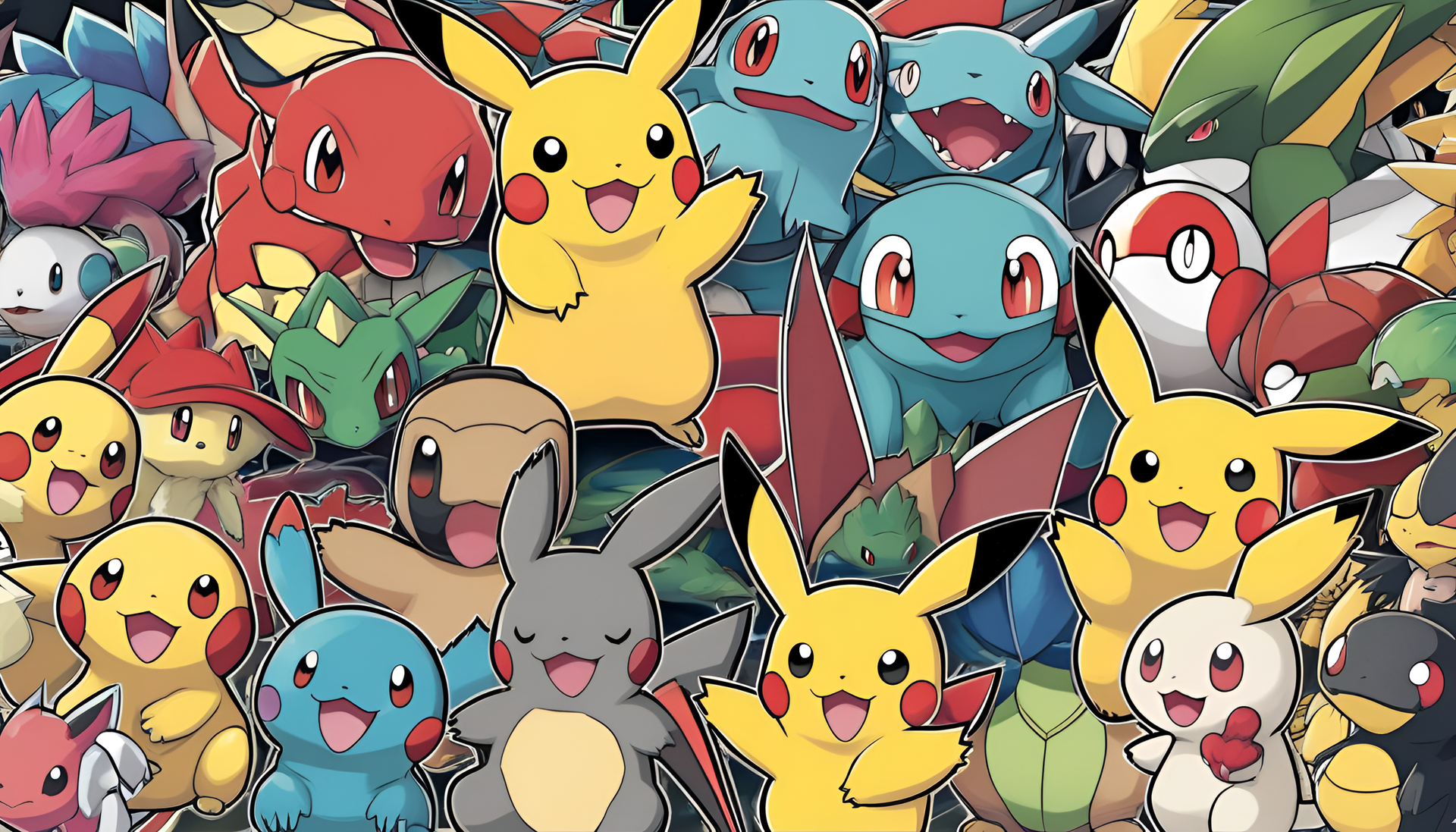 Colorful Pokemon wallpaper with various Pokemon characters in a nature-filled setting.