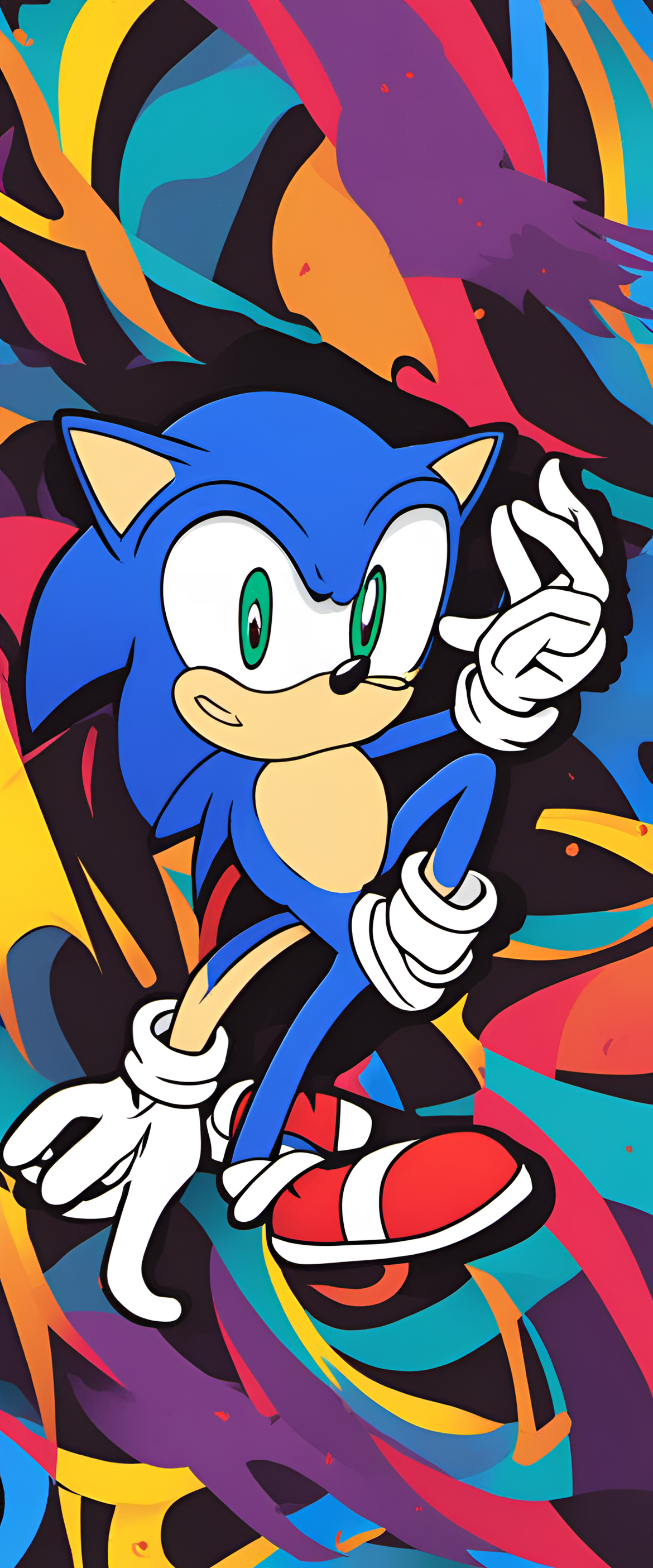 Sonic the Hedgehog against vibrant backdrop encapsulating speed and energy.