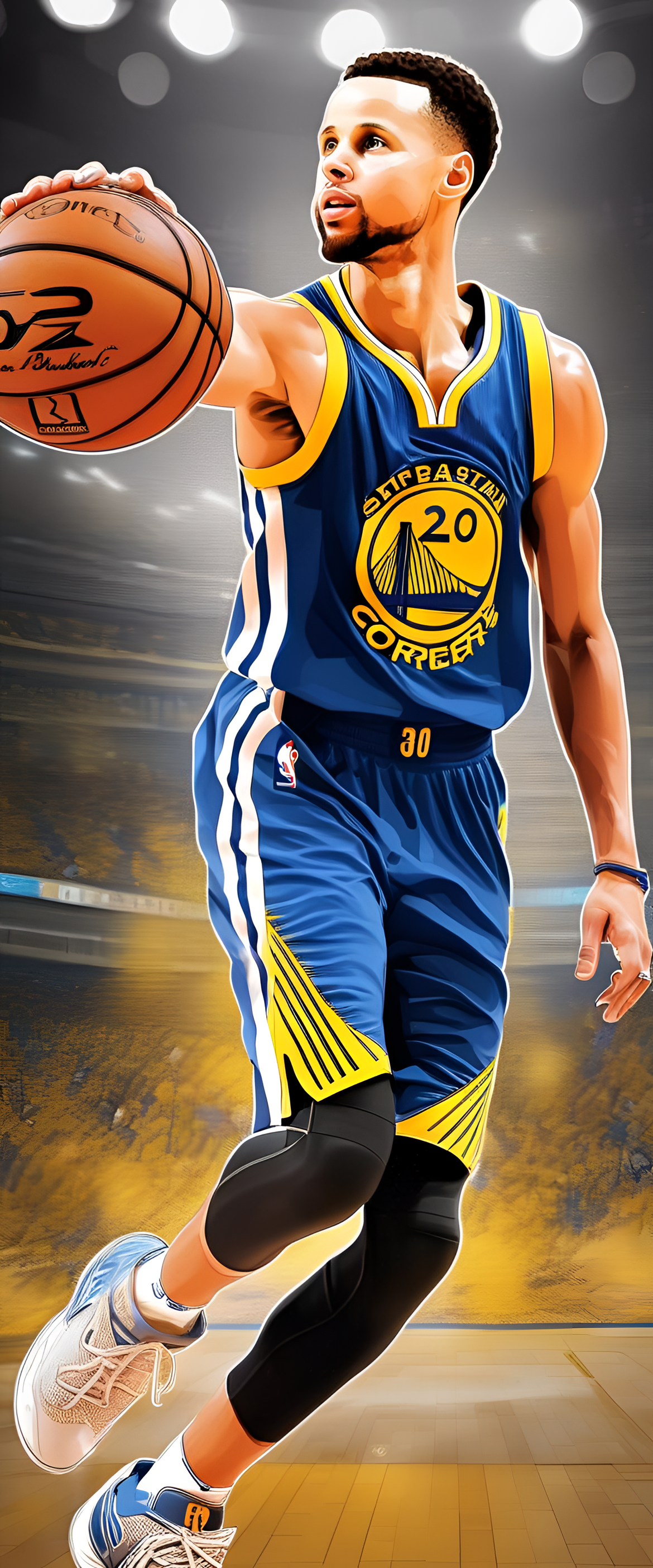 Stephen Curry, in sharp focus, depicted in digital art as a phone wallpaper.