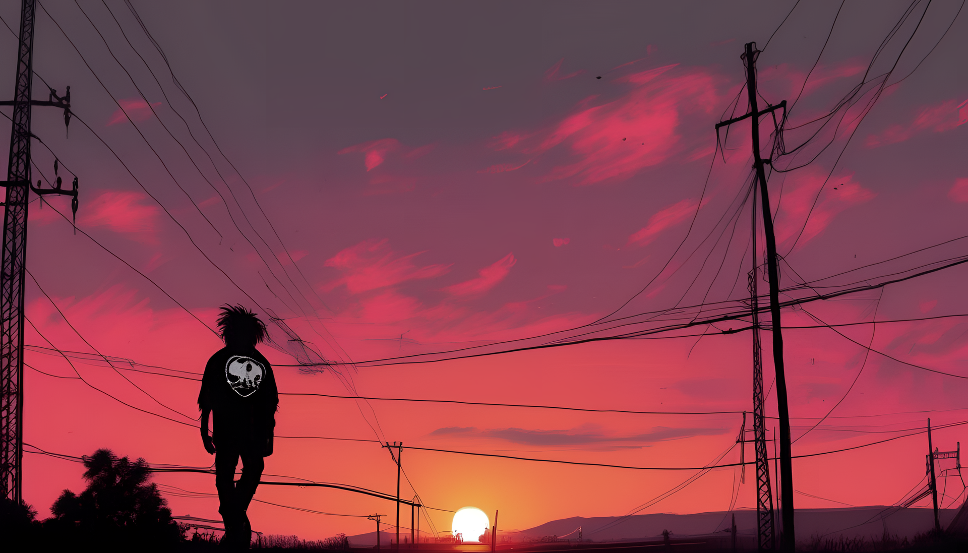 Vibrant sunset over the horizon, blending hues of orange, pink, and purple in a punkcore-inspired desktop wallpaper.