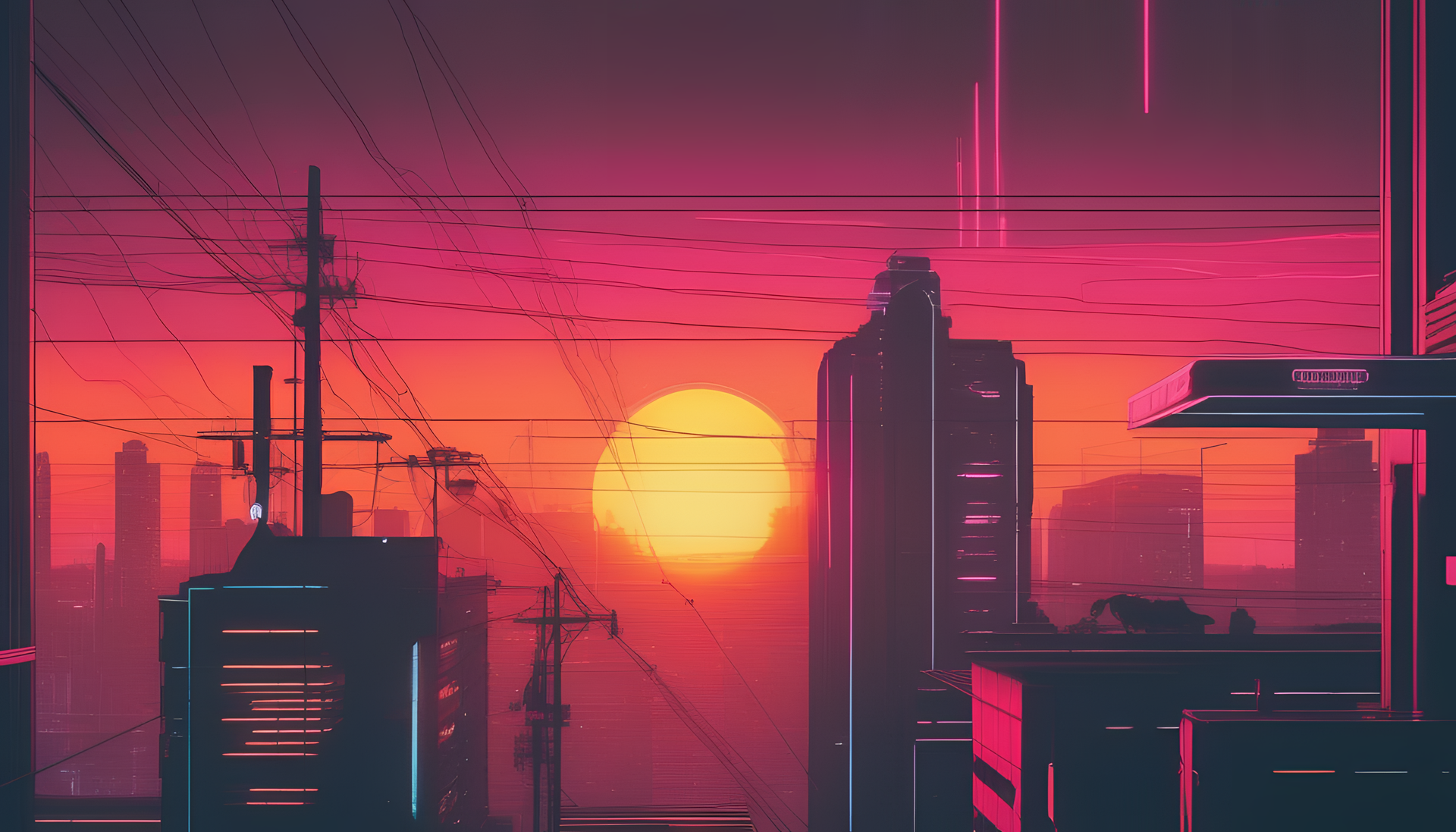 Cyberpunk sunset with vintage filter.