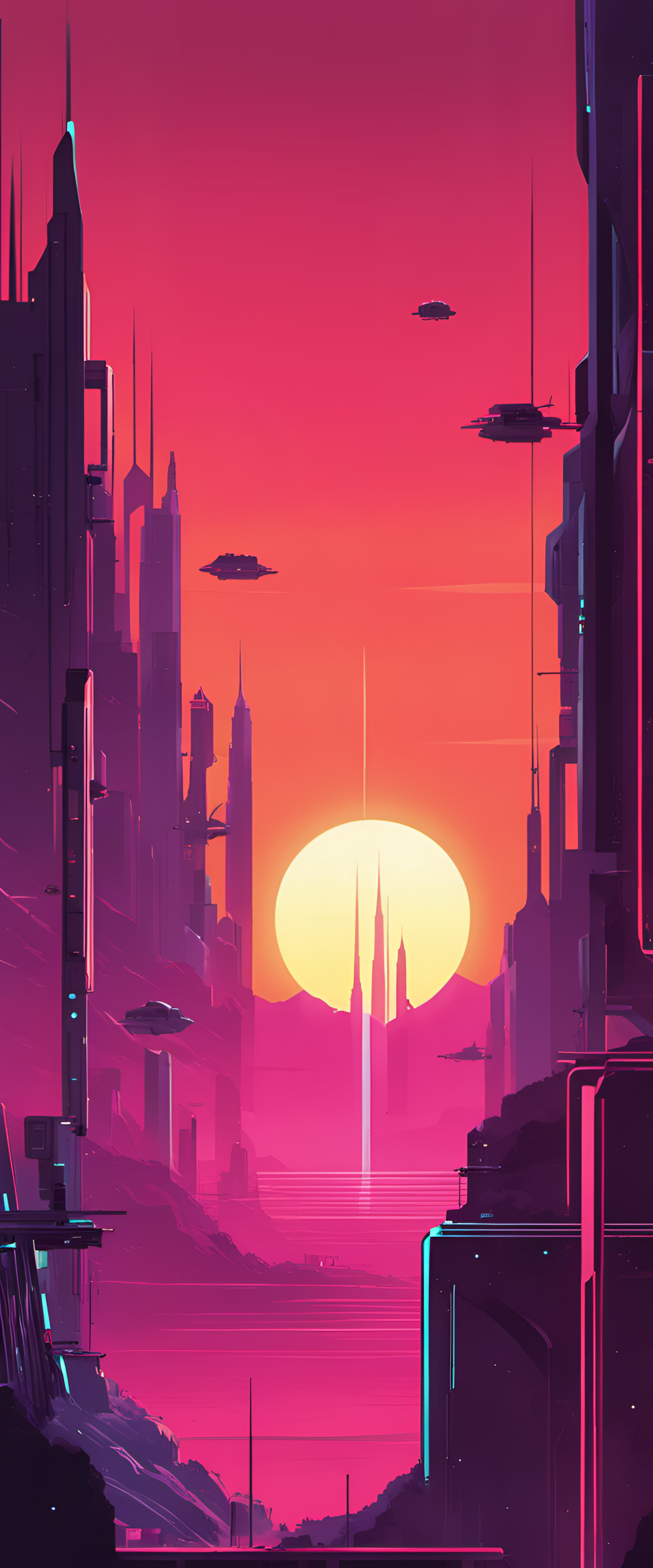 Vibrant cityscape with a retro 80's sci-fi aesthetic featuring a mesmerizing sunset sky.