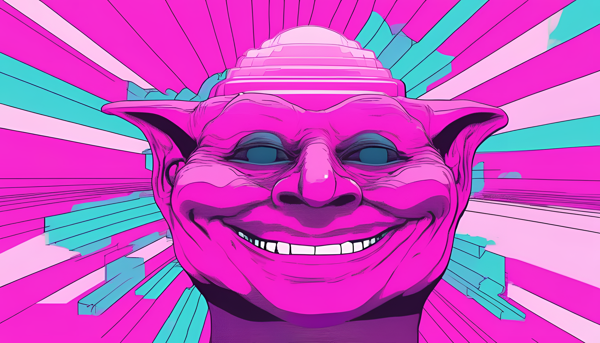 Vibrant troll face with a vaporwave aesthetic.