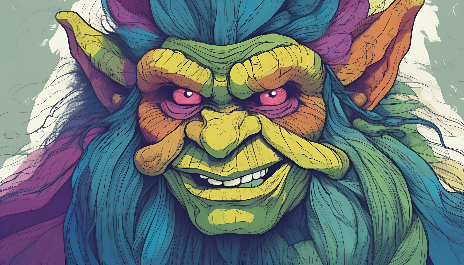 Detailed troll face artwork using analogous colors on a high-definition desktop wallpaper.