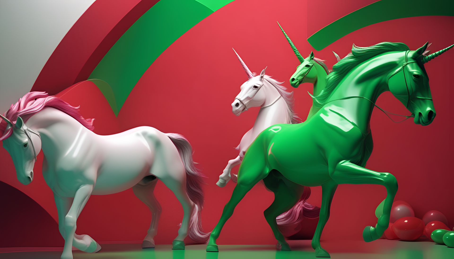 Colorful unicorn desktop wallpaper. Vibrant red and green hues. Playful and high-quality image.