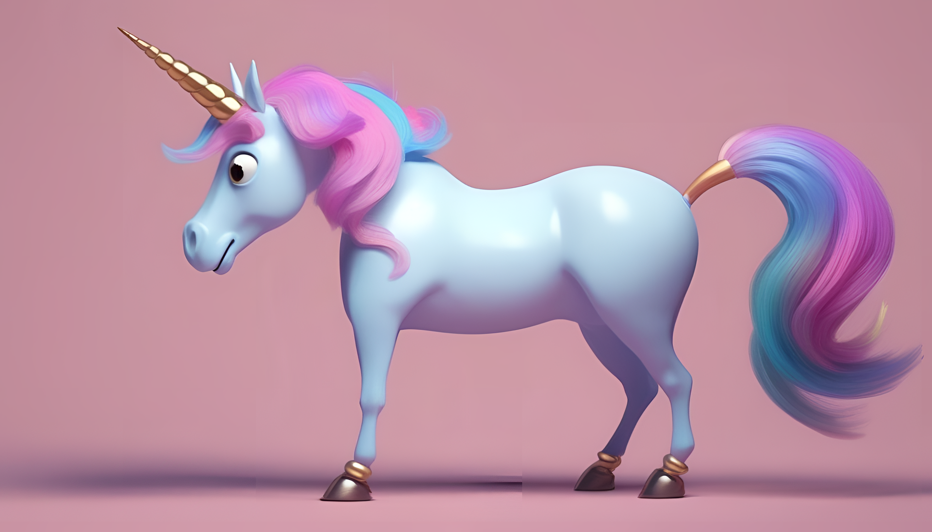 Colorful pixar-style unicorn standing on a cloud against a vibrant sky backdrop.