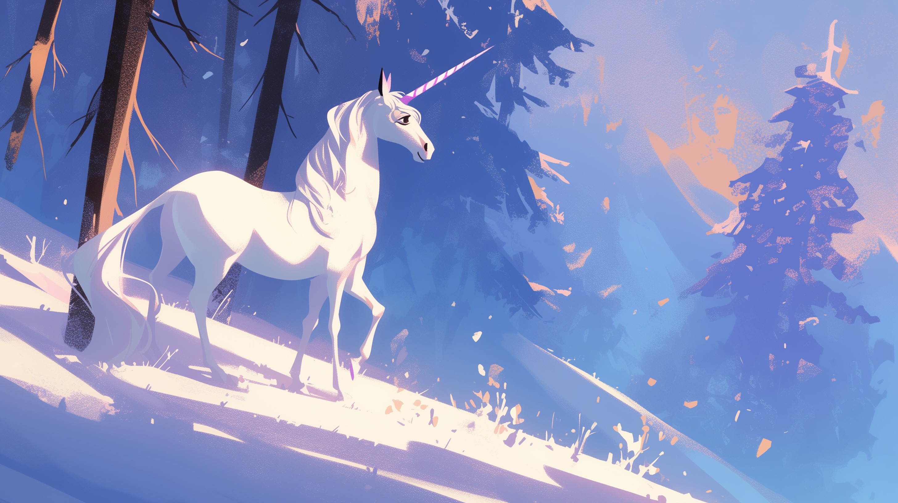 A majestic unicorn stands in a snowy winter forest, bathed in soft light, surrounded by tall trees and a tranquil, blue-hued background.