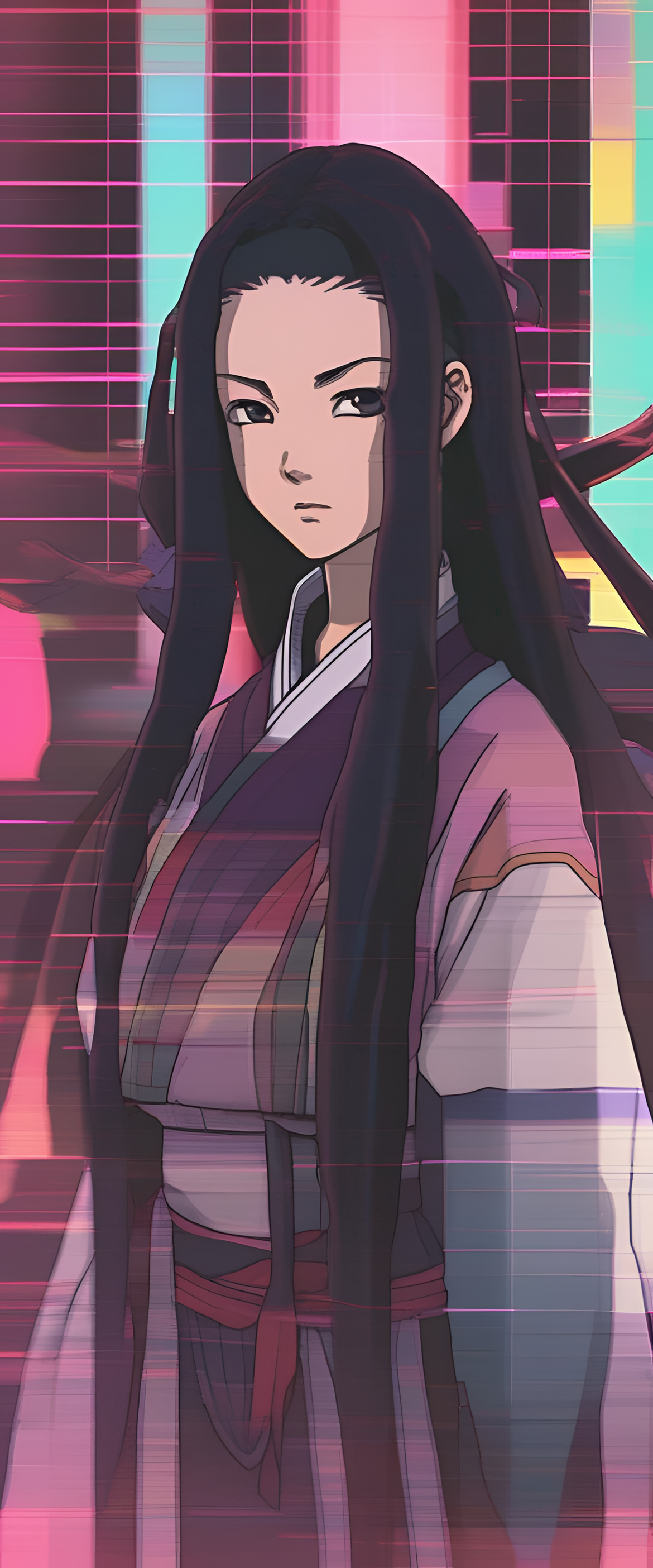 Abstract digital artwork featuring Nezuko in glitchy TV effect.